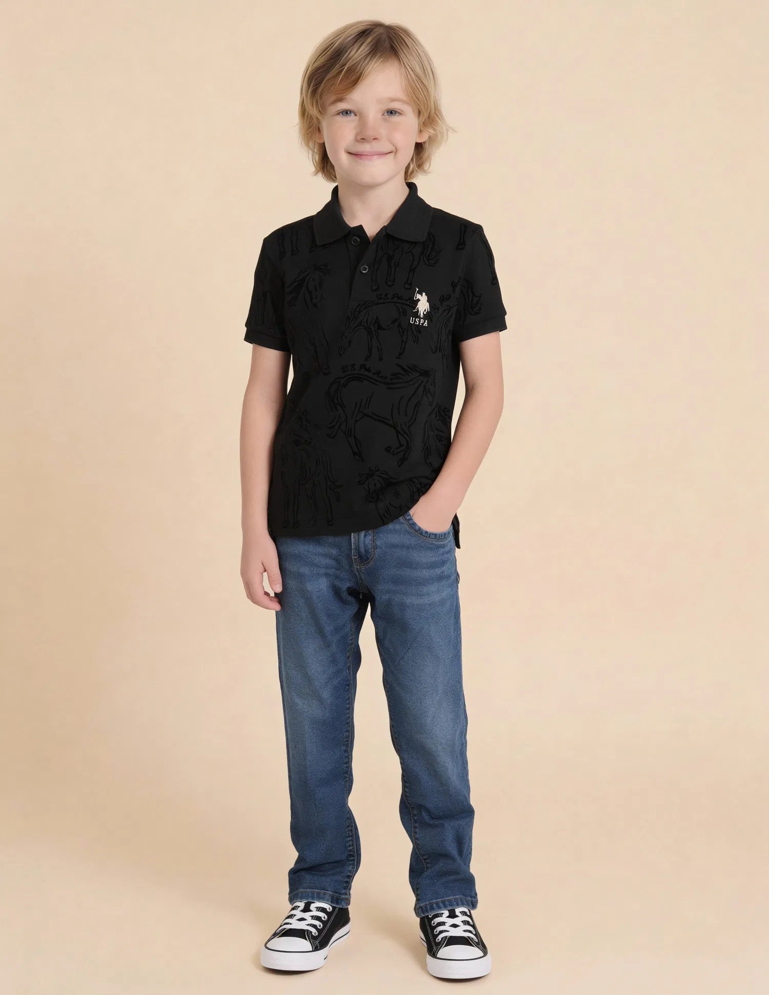 Boys Black Cotton Graphic Print Regular Fit Polo Shirt