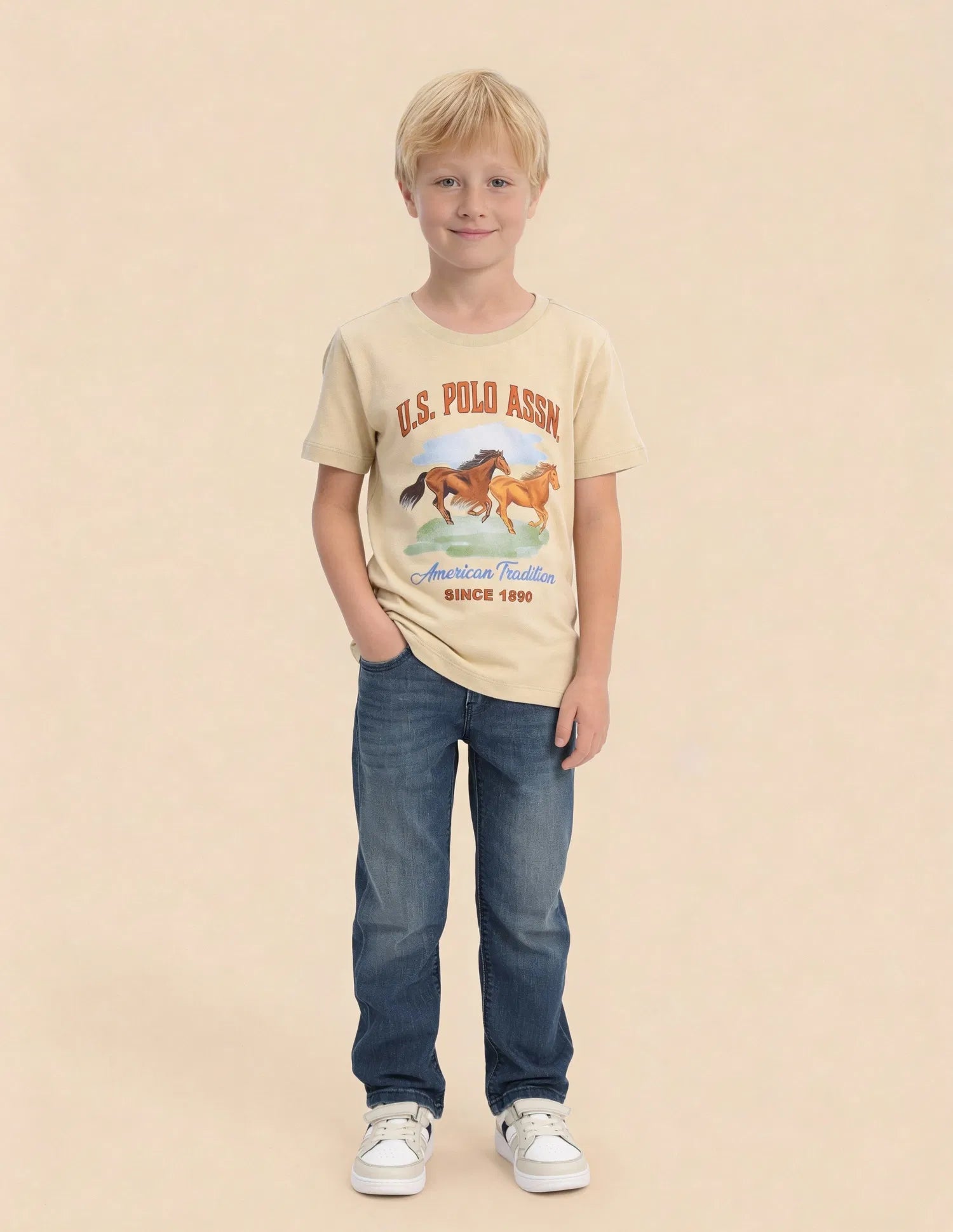 Boys Beige Cotton Graphic Print Regular Fit T-Shirt