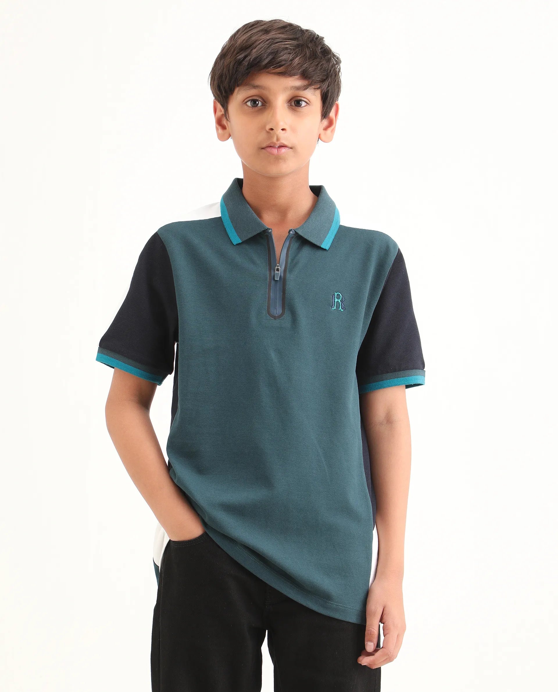 Boys Teal Embroidered Zipper Polo Shirt