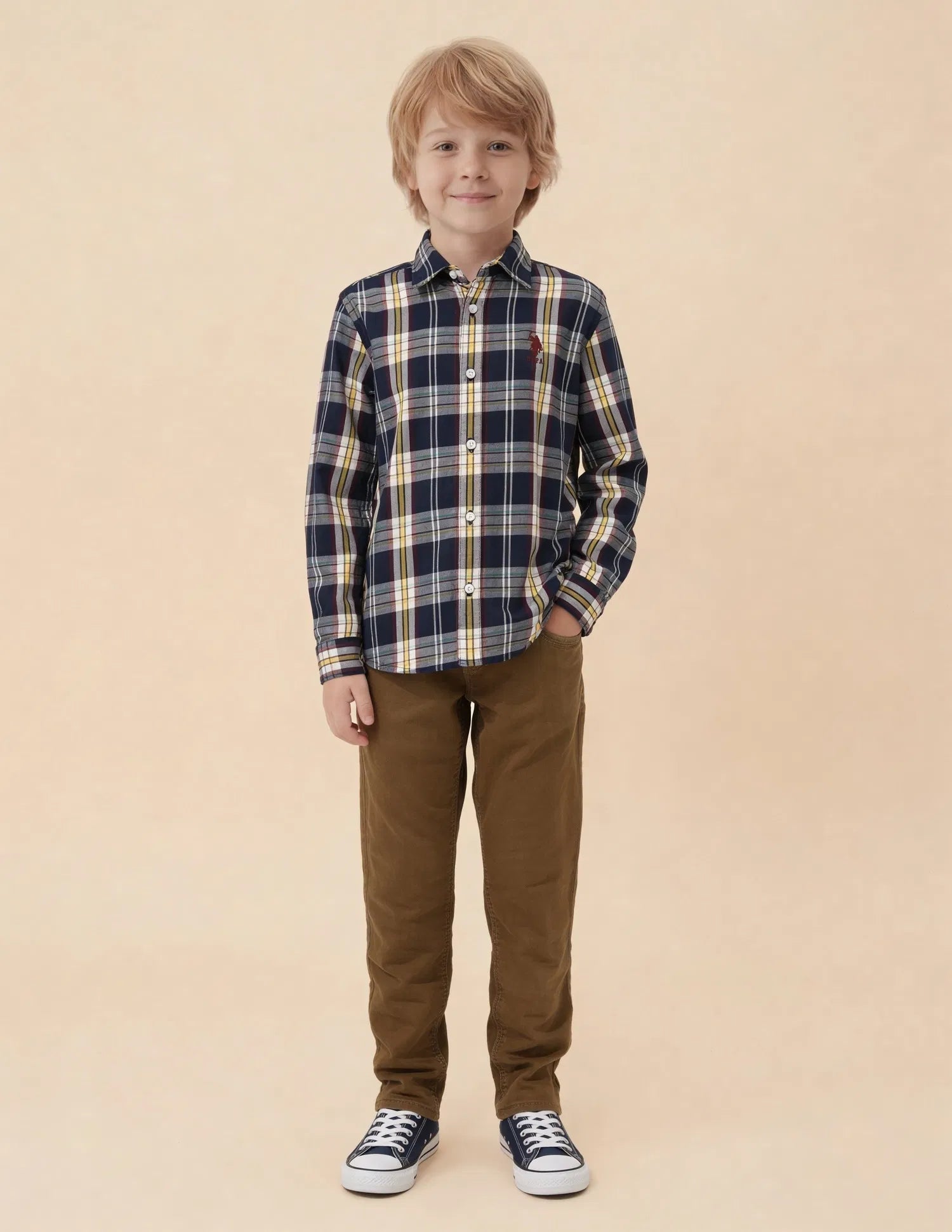 Boys Navy Plaid Checked Cotton Shirt – Regular Fit