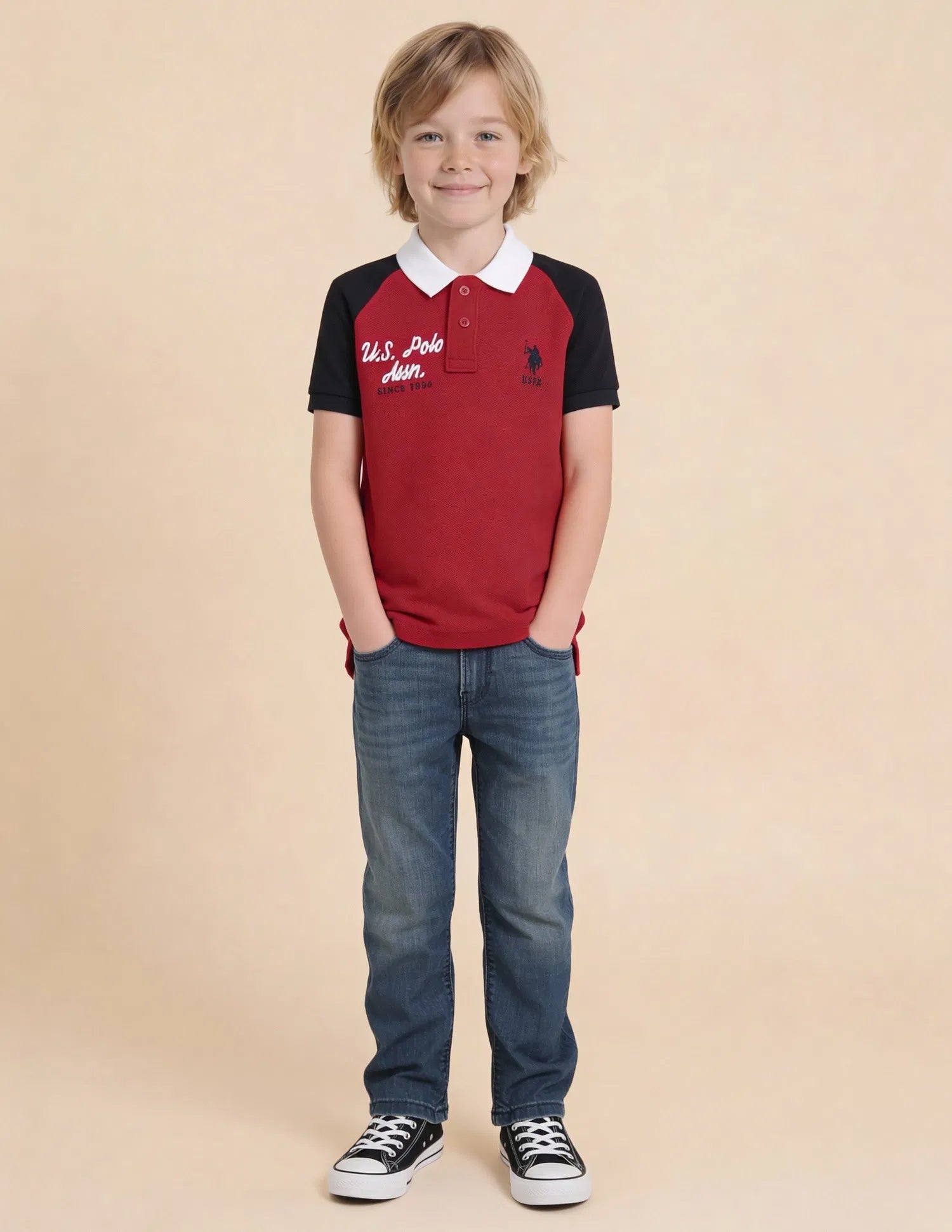 Boys Red Cotton Colour Block Regular Fit Polo Shirt