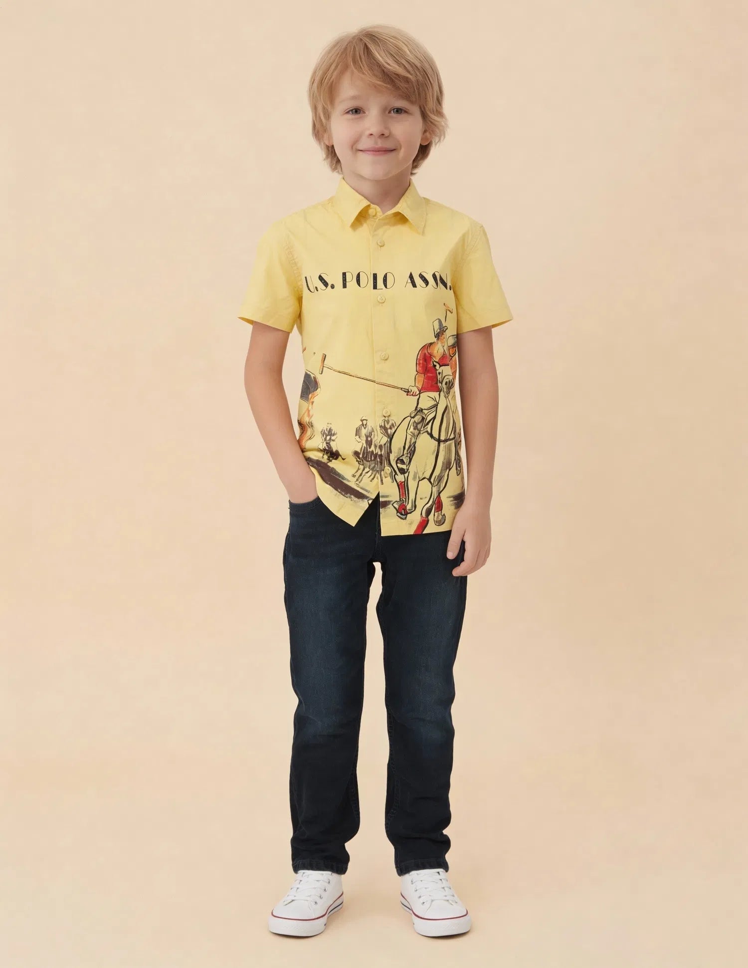 Boys Yellow Graphic Printed Cotton Shirt – Regular Fit