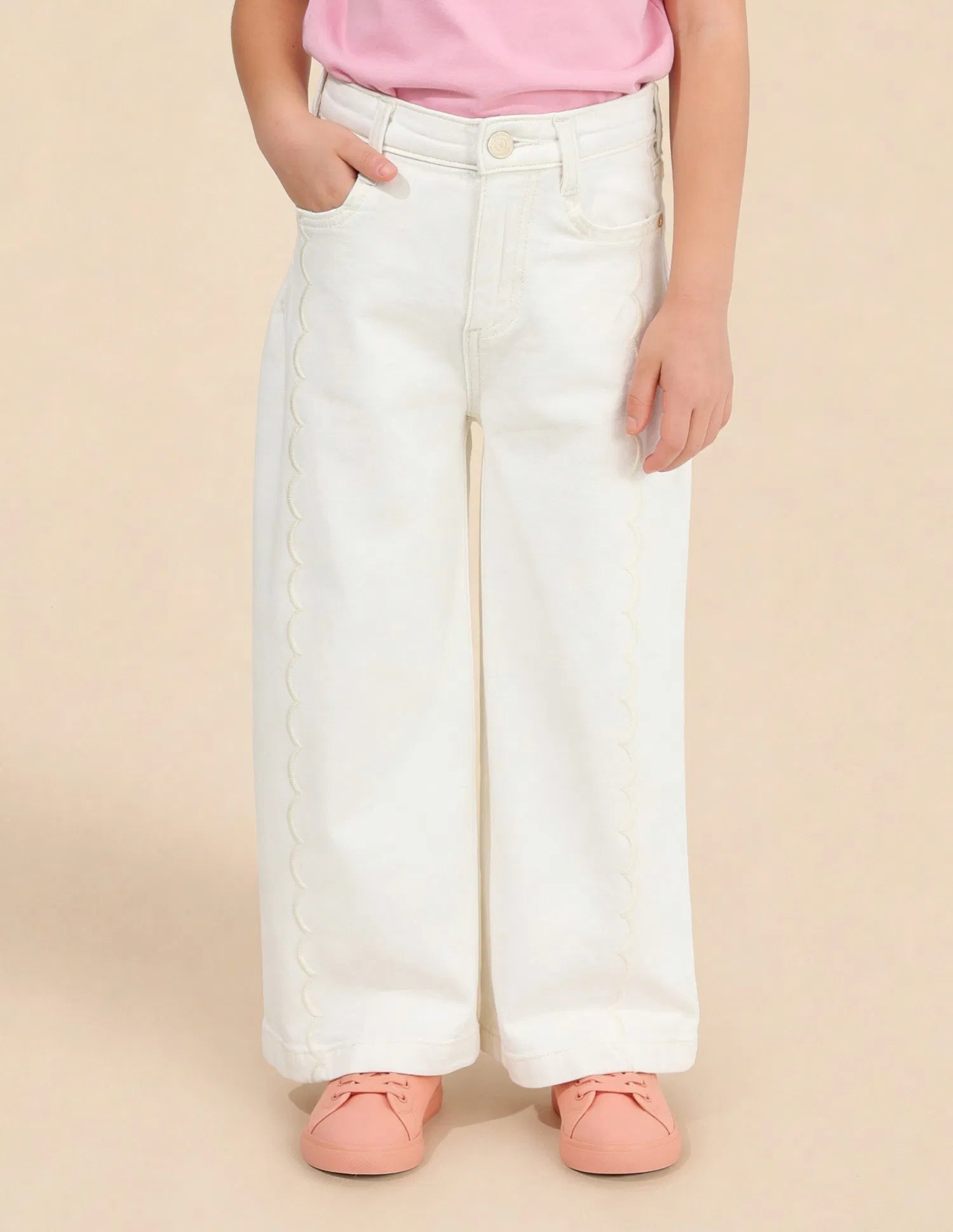 Girls Off White Cotton Marine Bootcut Fit Jeans