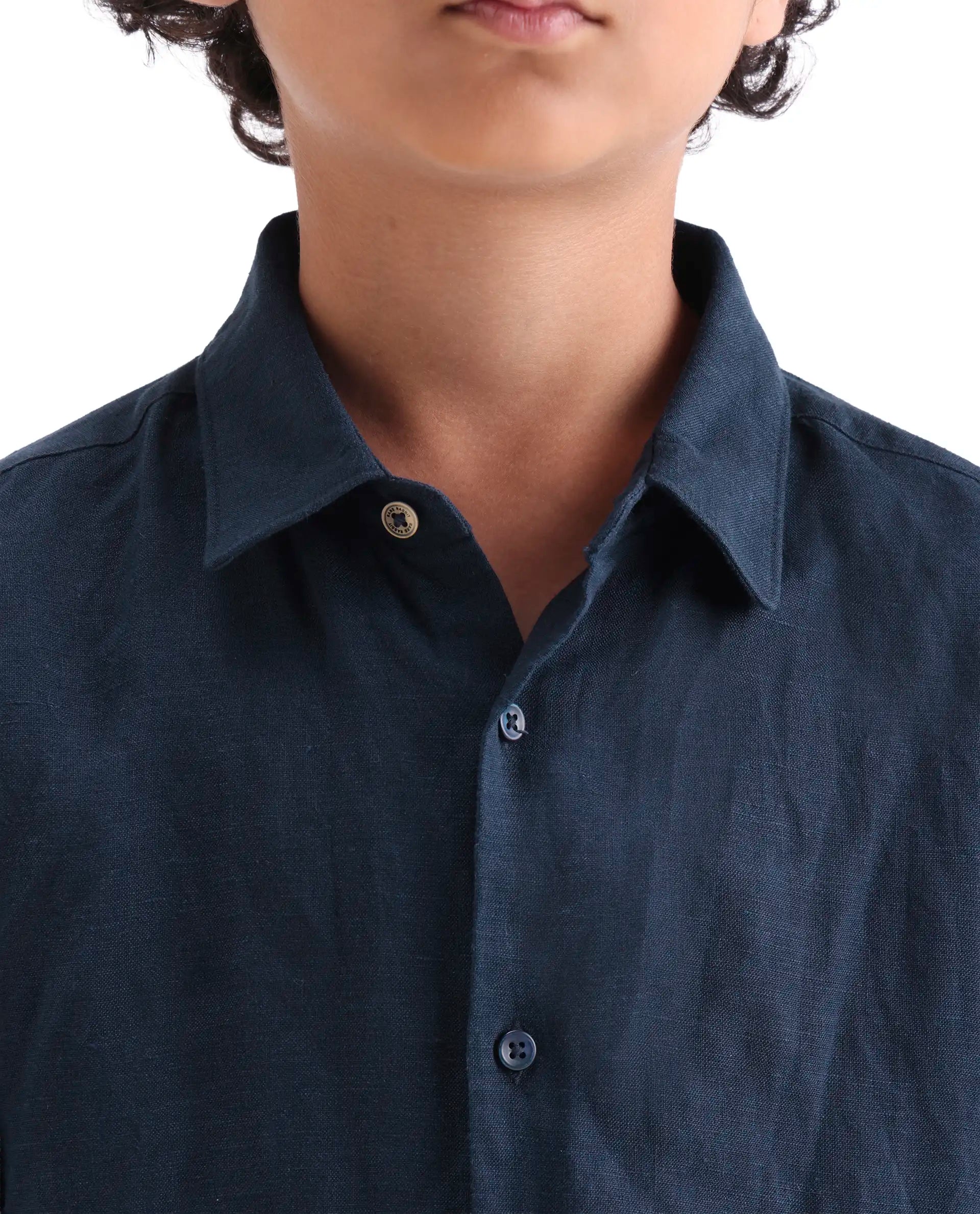 Boys Dark Navy Linen Blend Regular Fit Shirt