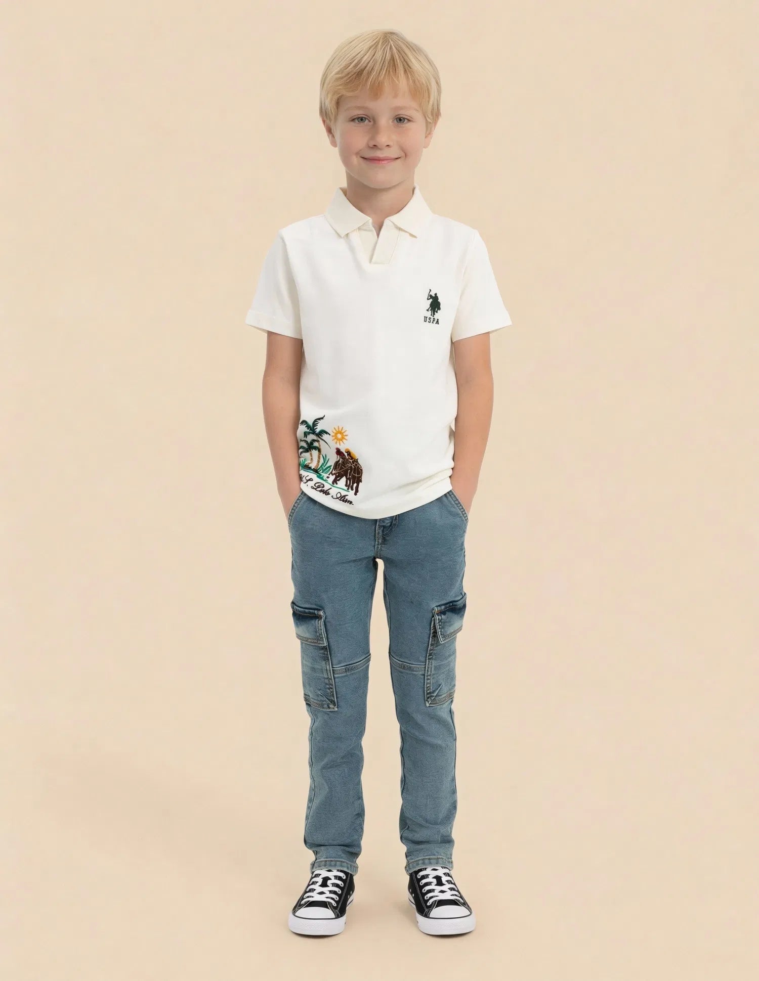 Boys Off White Cotton Embroidered Regular Fit Polo Shirt