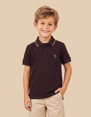 Boys Wine Cotton Embroidered Regular Fit Polo Shirt