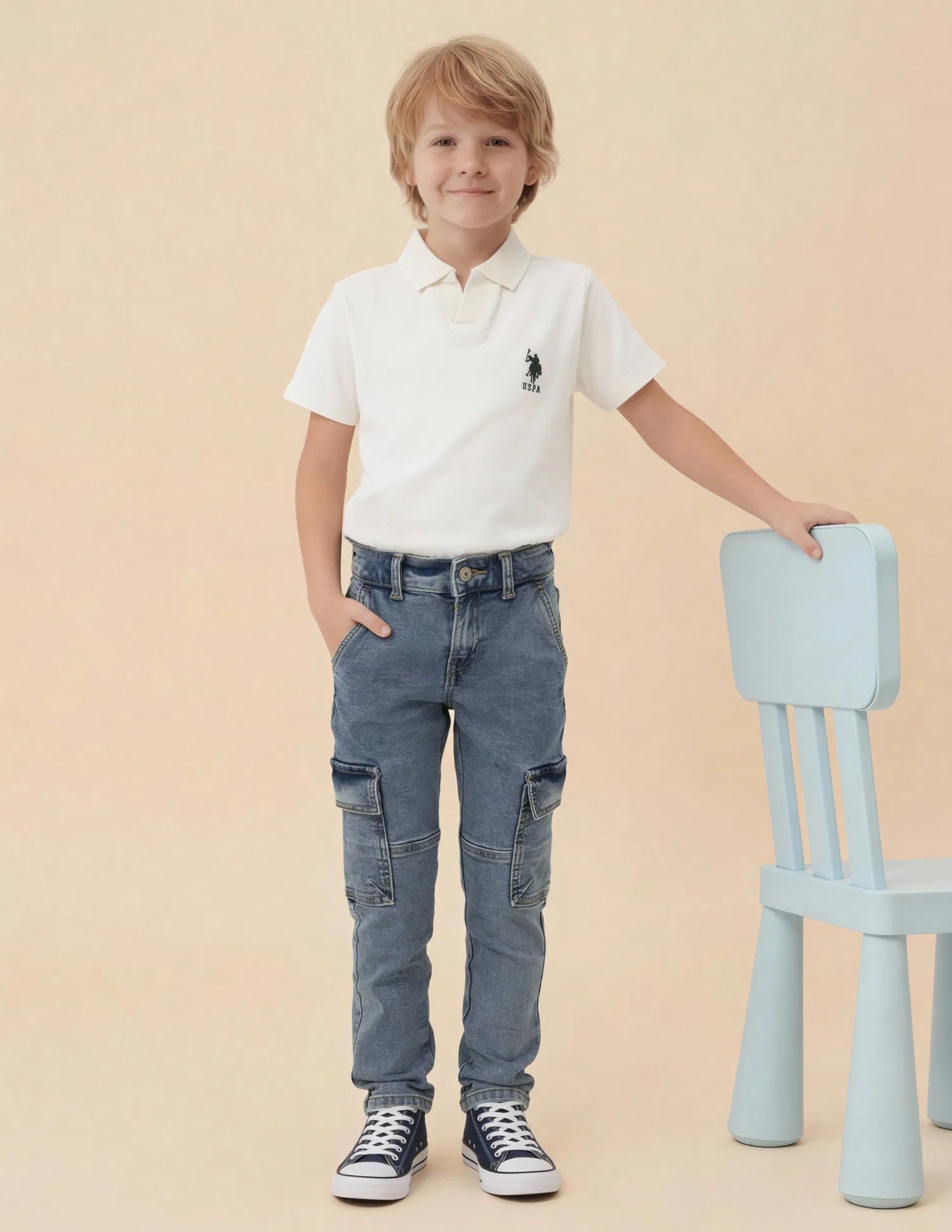 Boys Light Blue Cotton Slim Fit Cargo Jeans