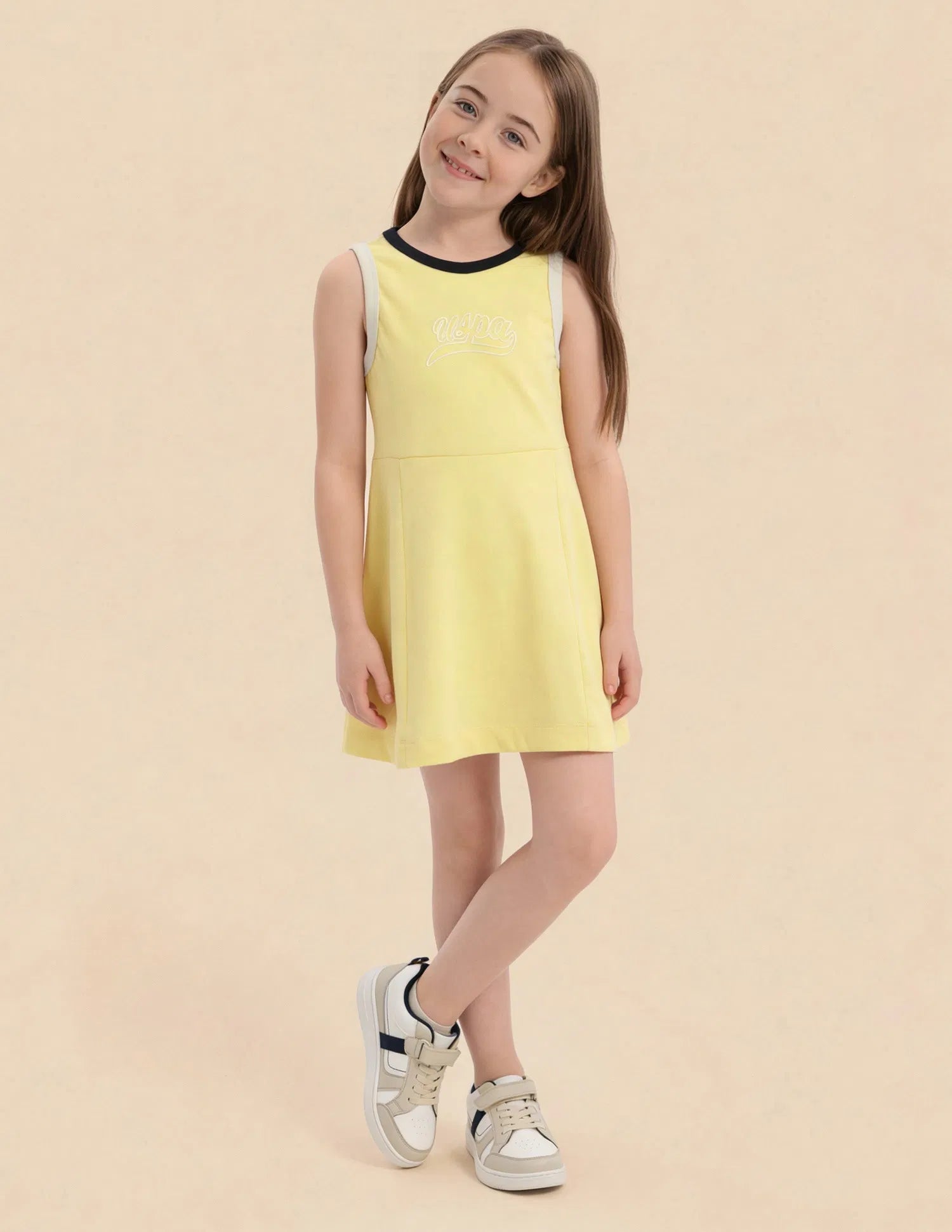 Girls Yellow Cotton Contrast Rib Skater Dress