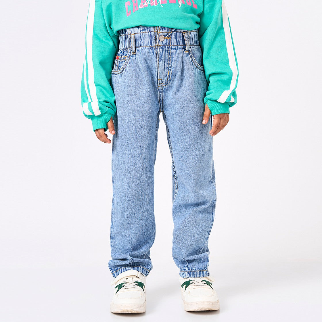 Girls Blue Cotton Denim Paper Bag Barrel Fit Jeans
