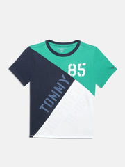 Boys Green Colorblock Regular Fit Cotton T-Shirt