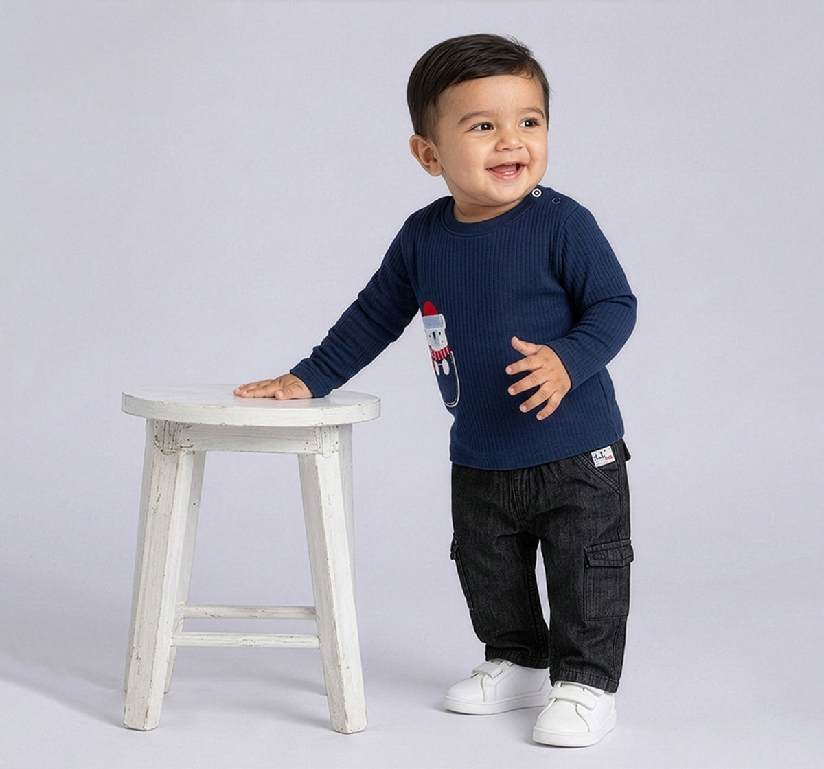 Infant Boys Blue Regular-Fit Textured Full-Sleeve Applique T-Shirt