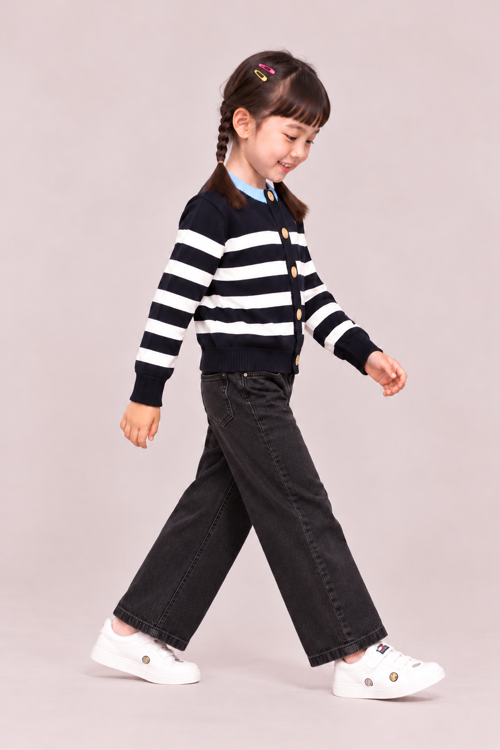 Girls Relaxed Fit Crew Neck Cardigan Dark Night Navy Stripes