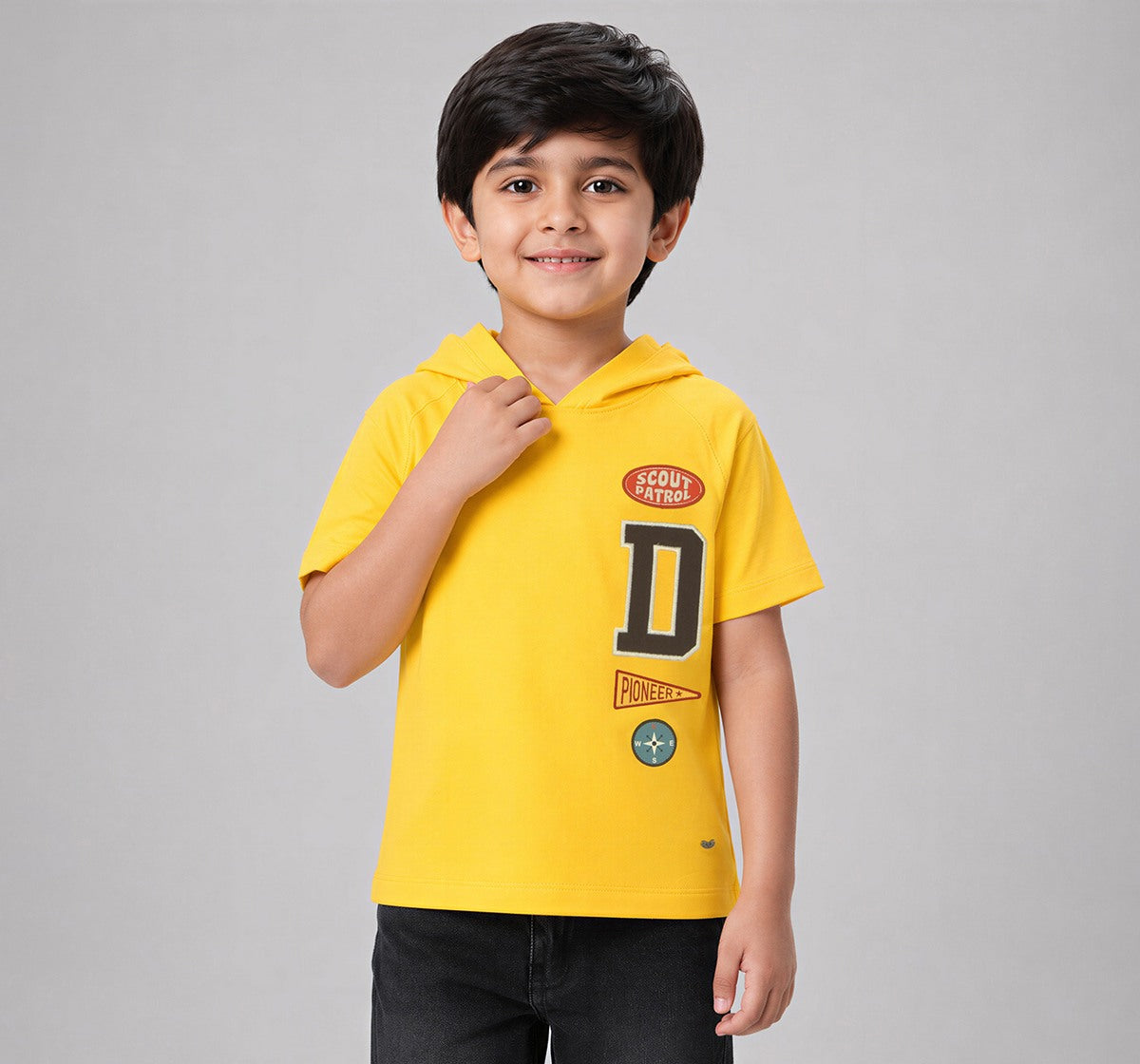 Boys Yellow Hooded Varsity Graphic Regular Fit T-Shirt