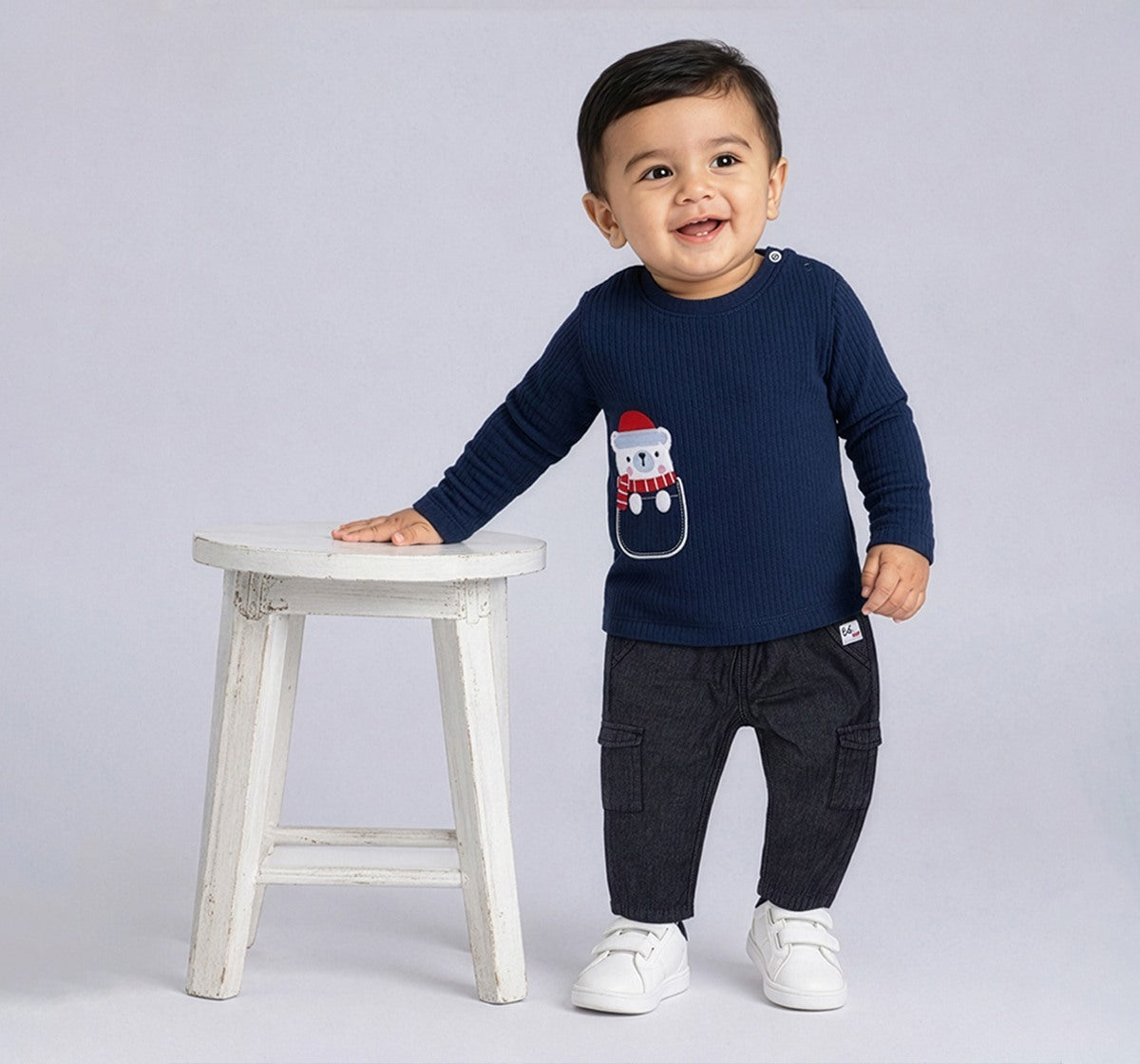 Infant Boys Blue Regular-Fit Textured Full-Sleeve Applique T-Shirt