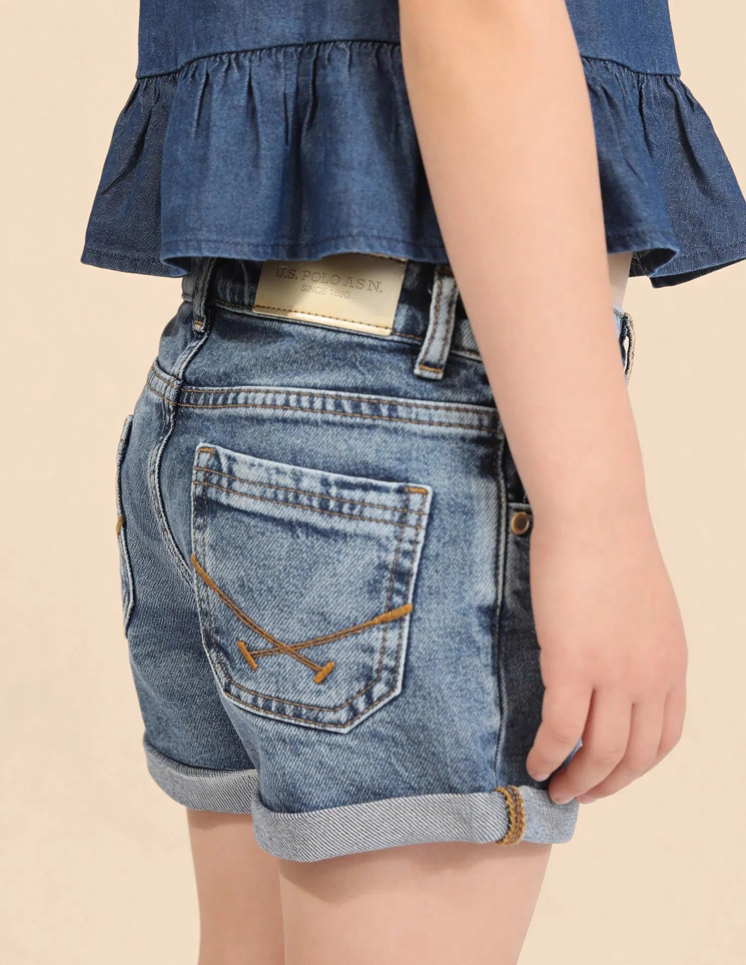 Girls Mid Blue Cotton Mid Rise Whiskered Denim Shorts