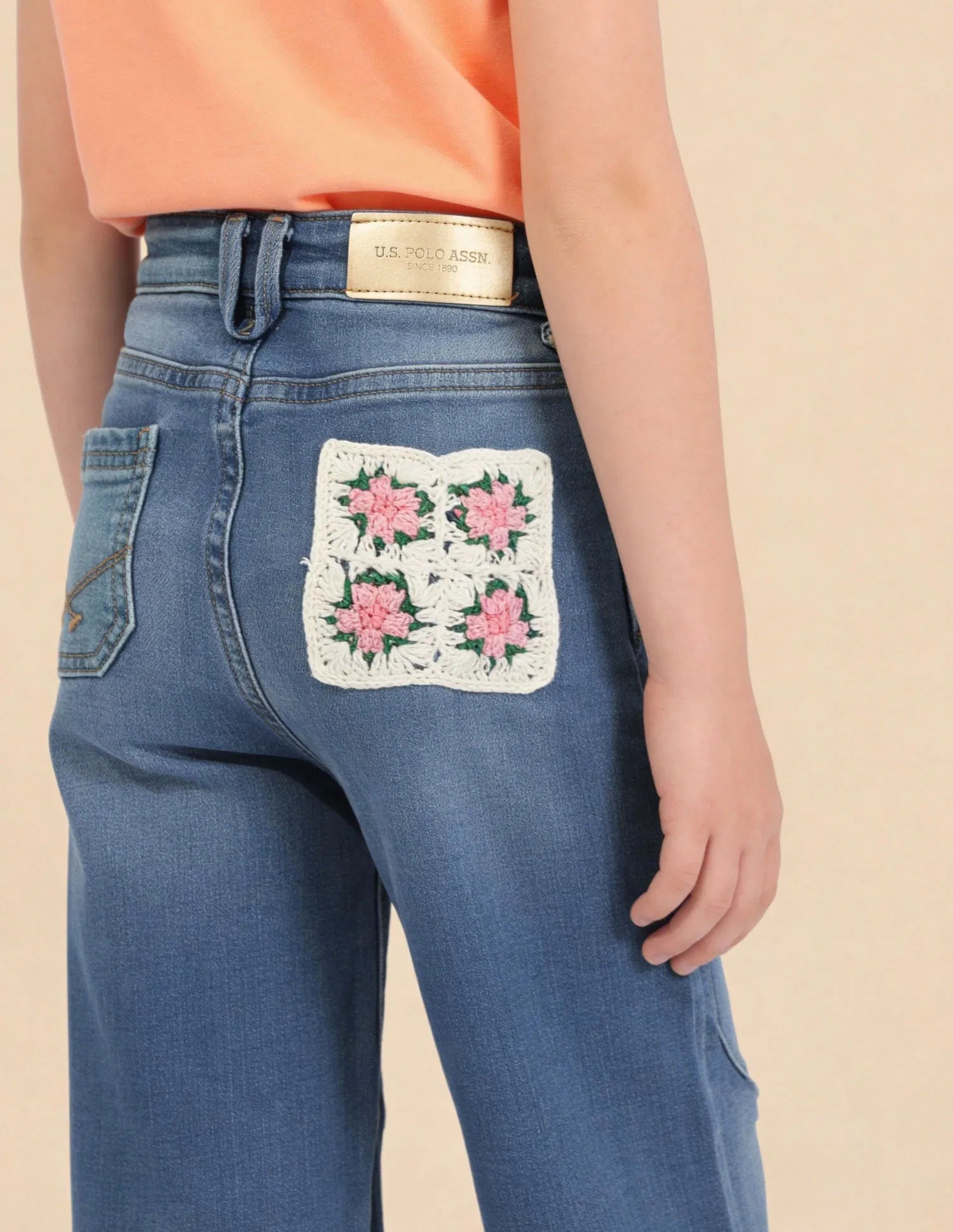 Girls Mid Blue Cotton Stone Washed Wide Leg Jeans