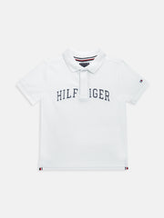 Boys White Logo Cotton Blend Polo Knit Top Regular Fit