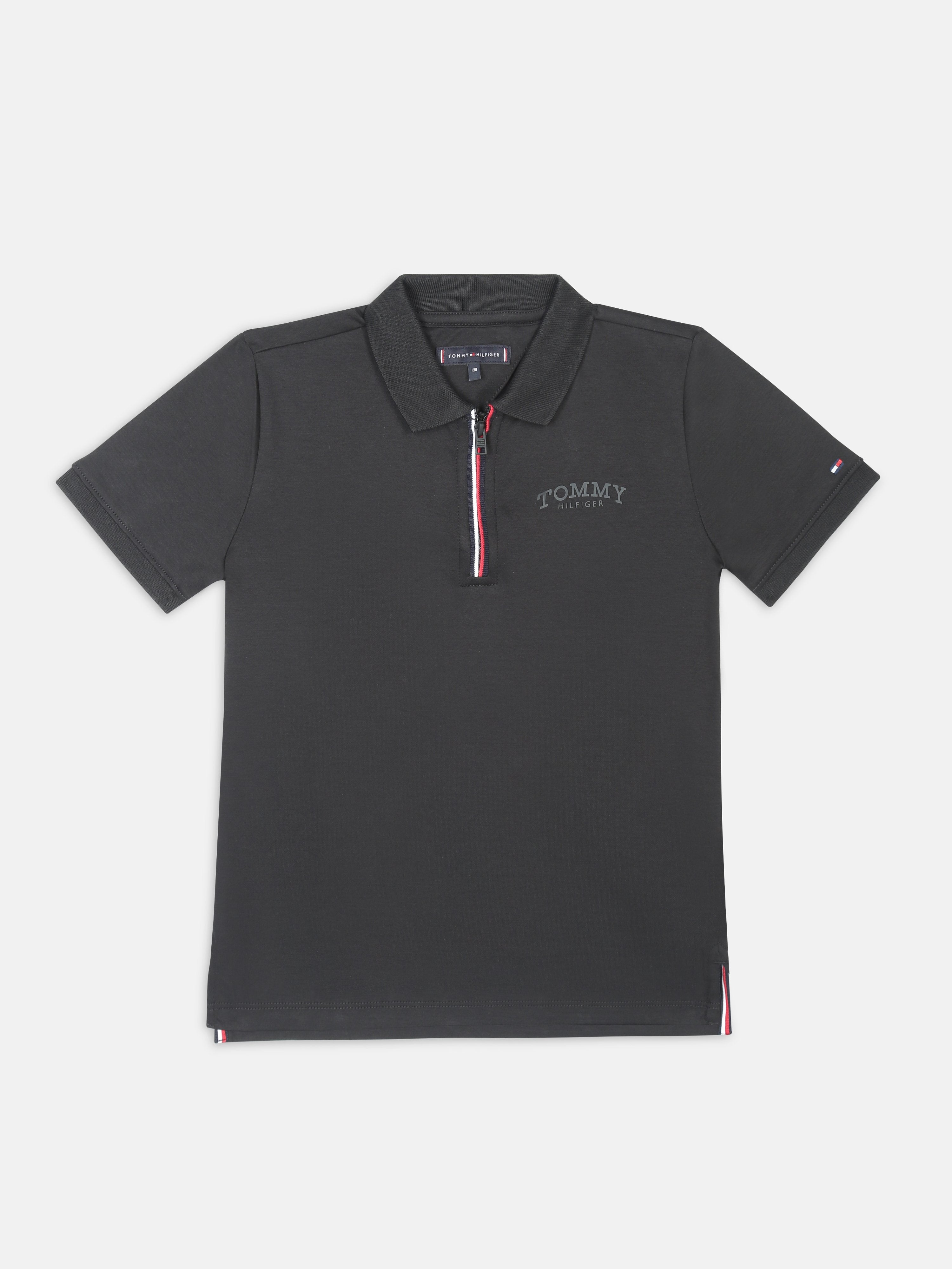 Girls Black Solid BCI Cotton Casual Polo Zip Knit Top