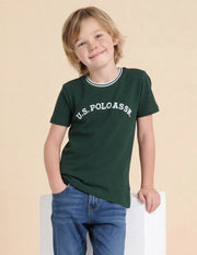 Boys Dark Green Cotton Brand Logo Regular Fit T-Shirt