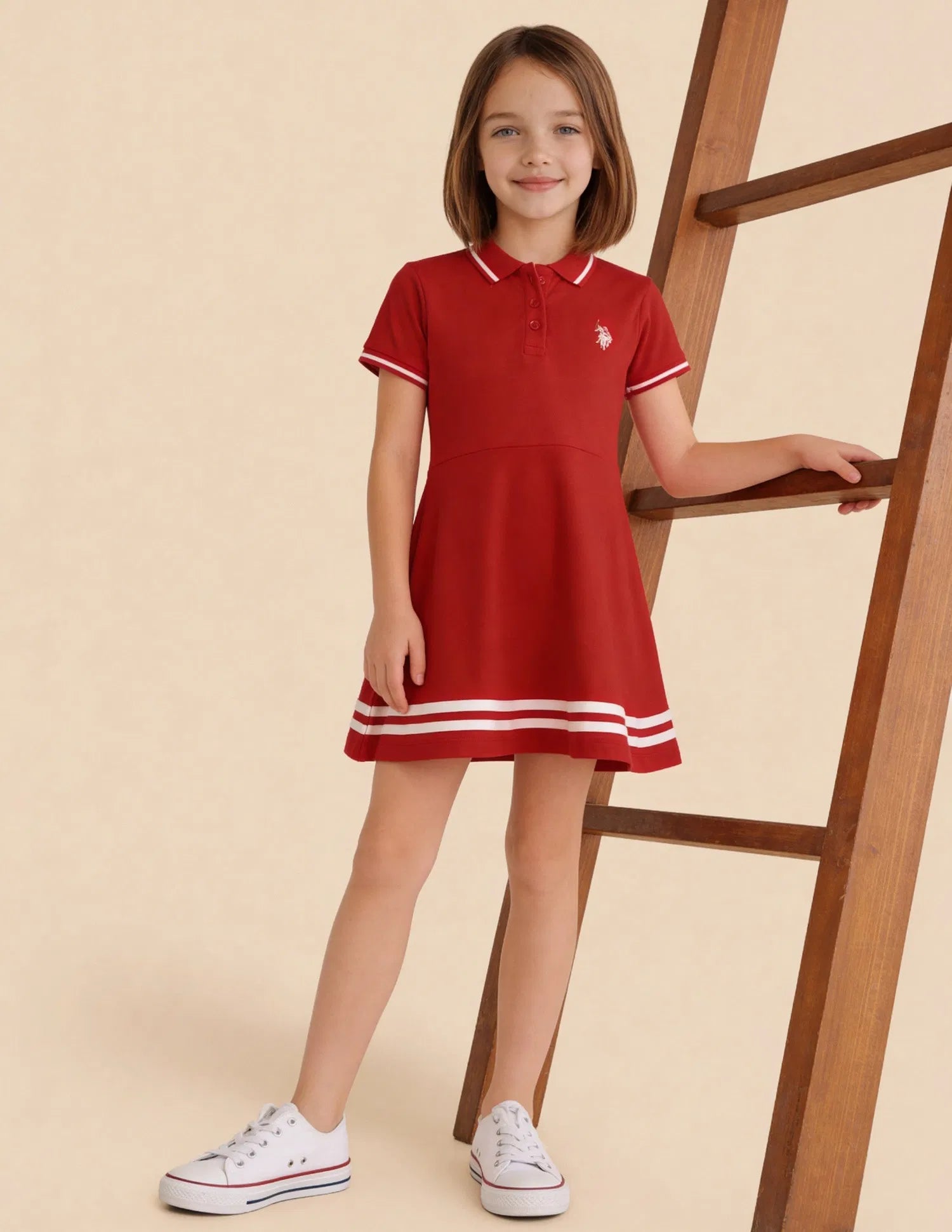 Girls Red Cotton Solid Skater Polo Knit Dress
