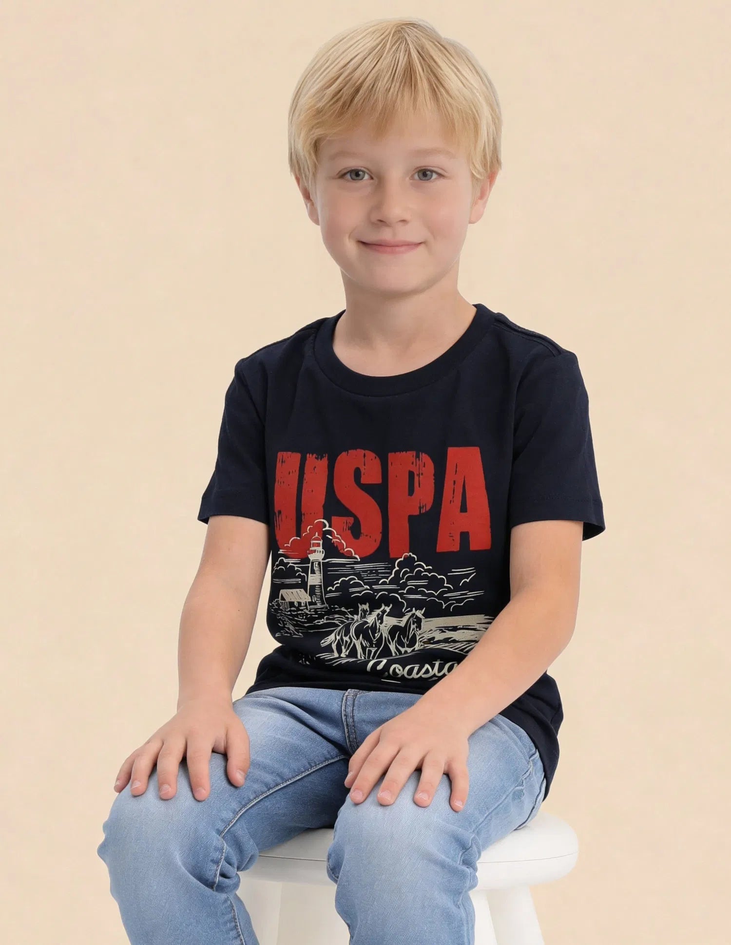 Boys Navy Cotton Graphic Print Regular Fit T-Shirt