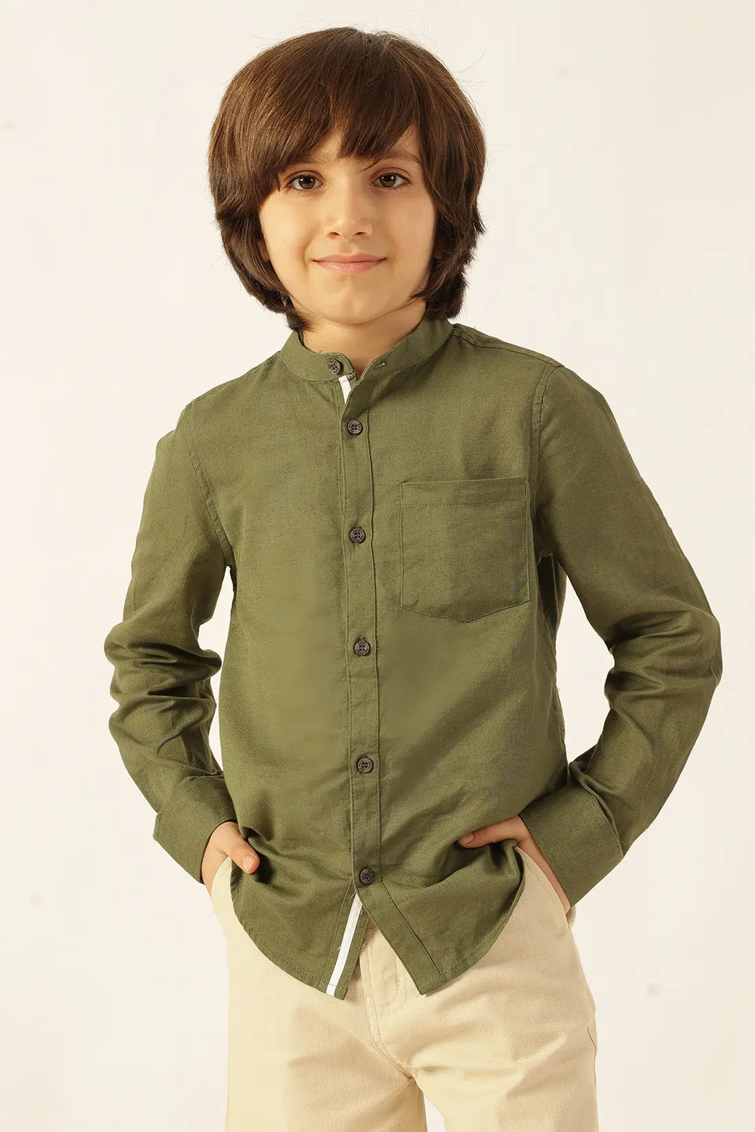 Boys Olive Chinese Collar Cotton Linen Shirt