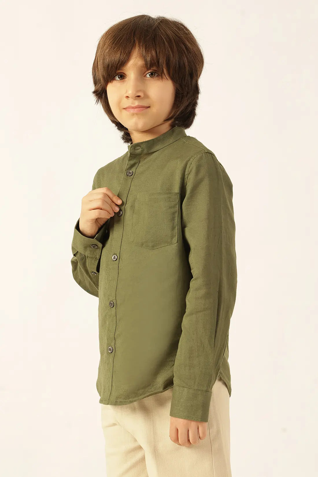 Boys Olive Chinese Collar Cotton Linen Shirt