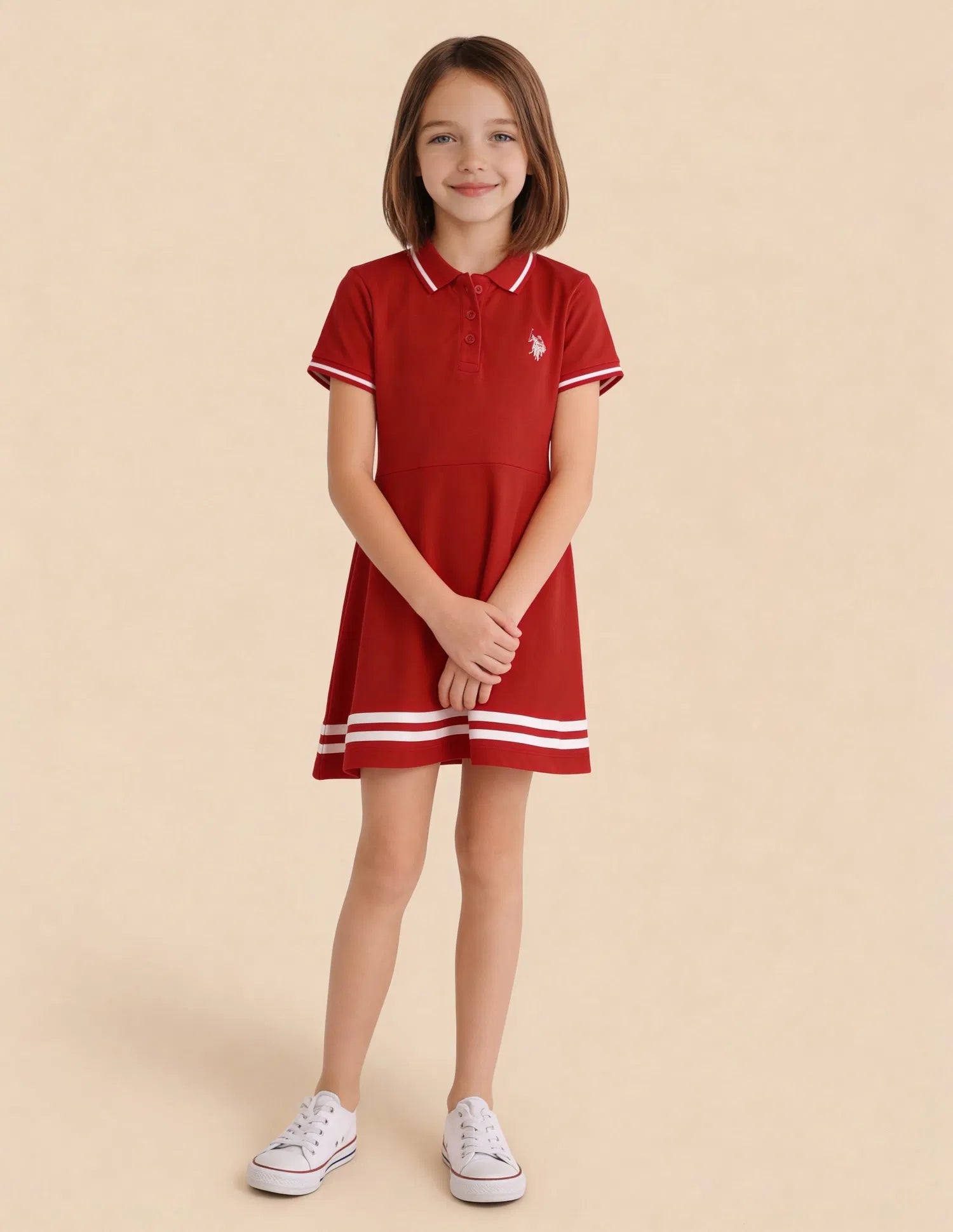 Girls Red Cotton Solid Skater Polo Knit Dress