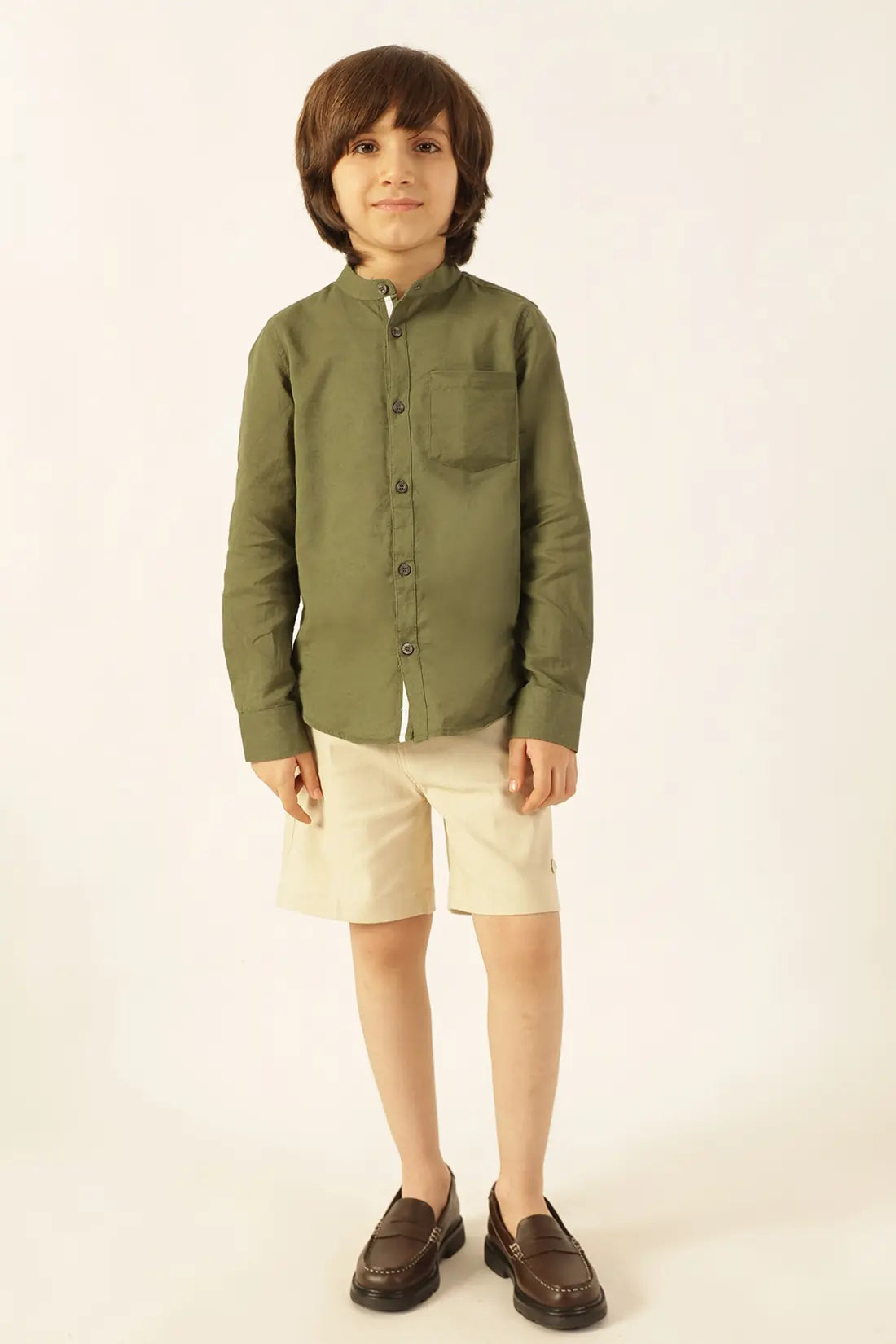 Boys Olive Chinese Collar Cotton Linen Shirt