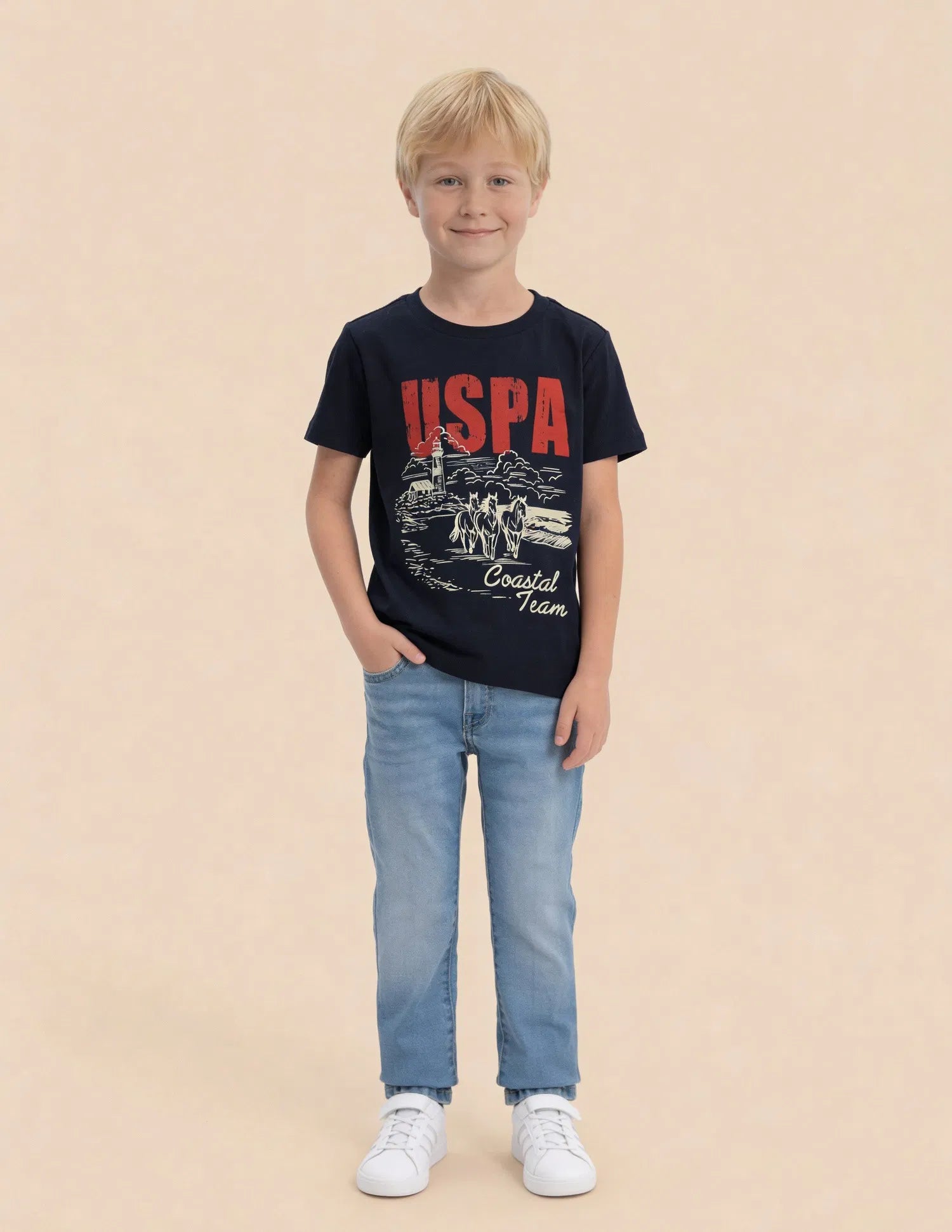 Boys Navy Cotton Graphic Print Regular Fit T-Shirt