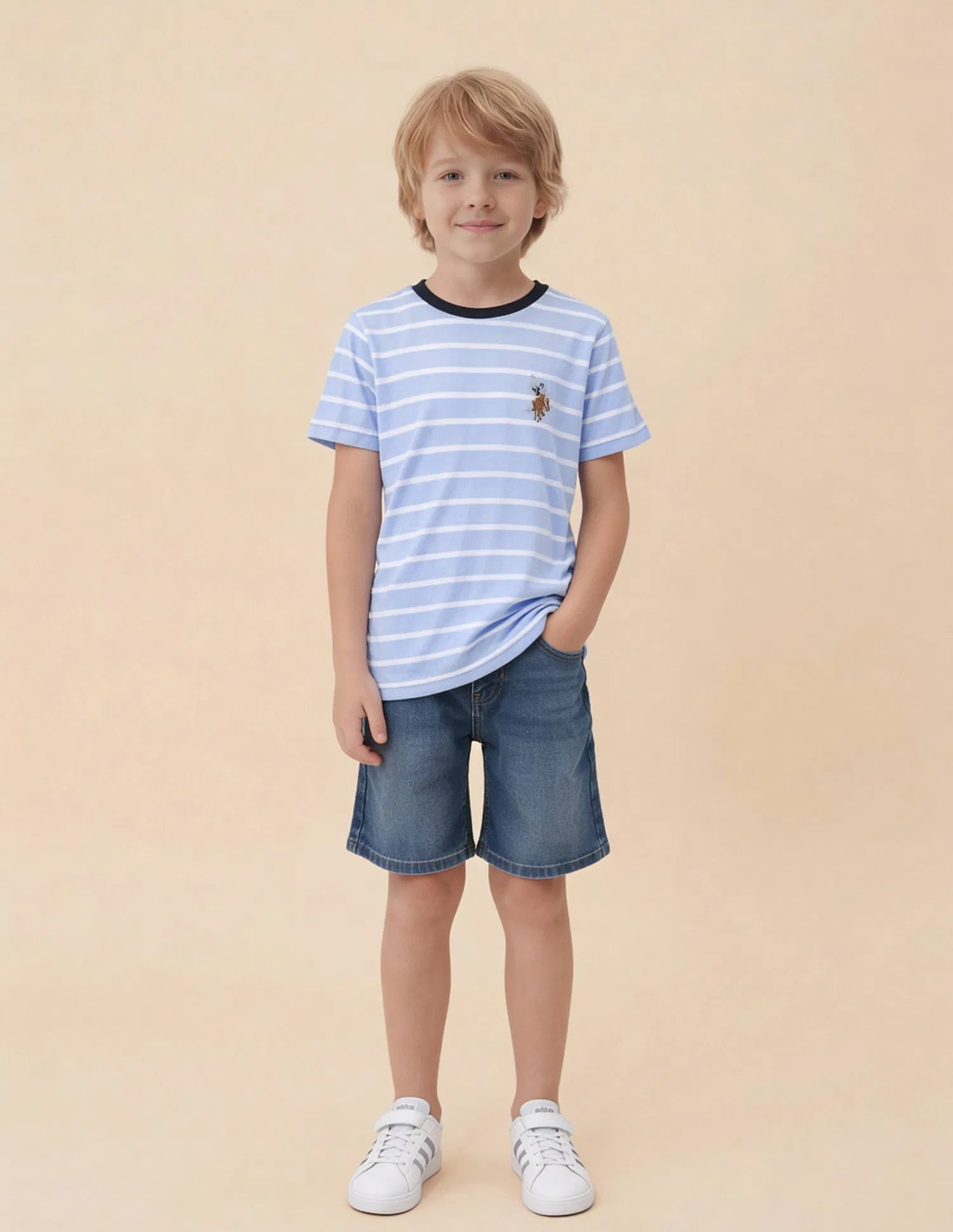 Boys Light Blue Cotton Horizontal Striped Regular Fit T-Shirt