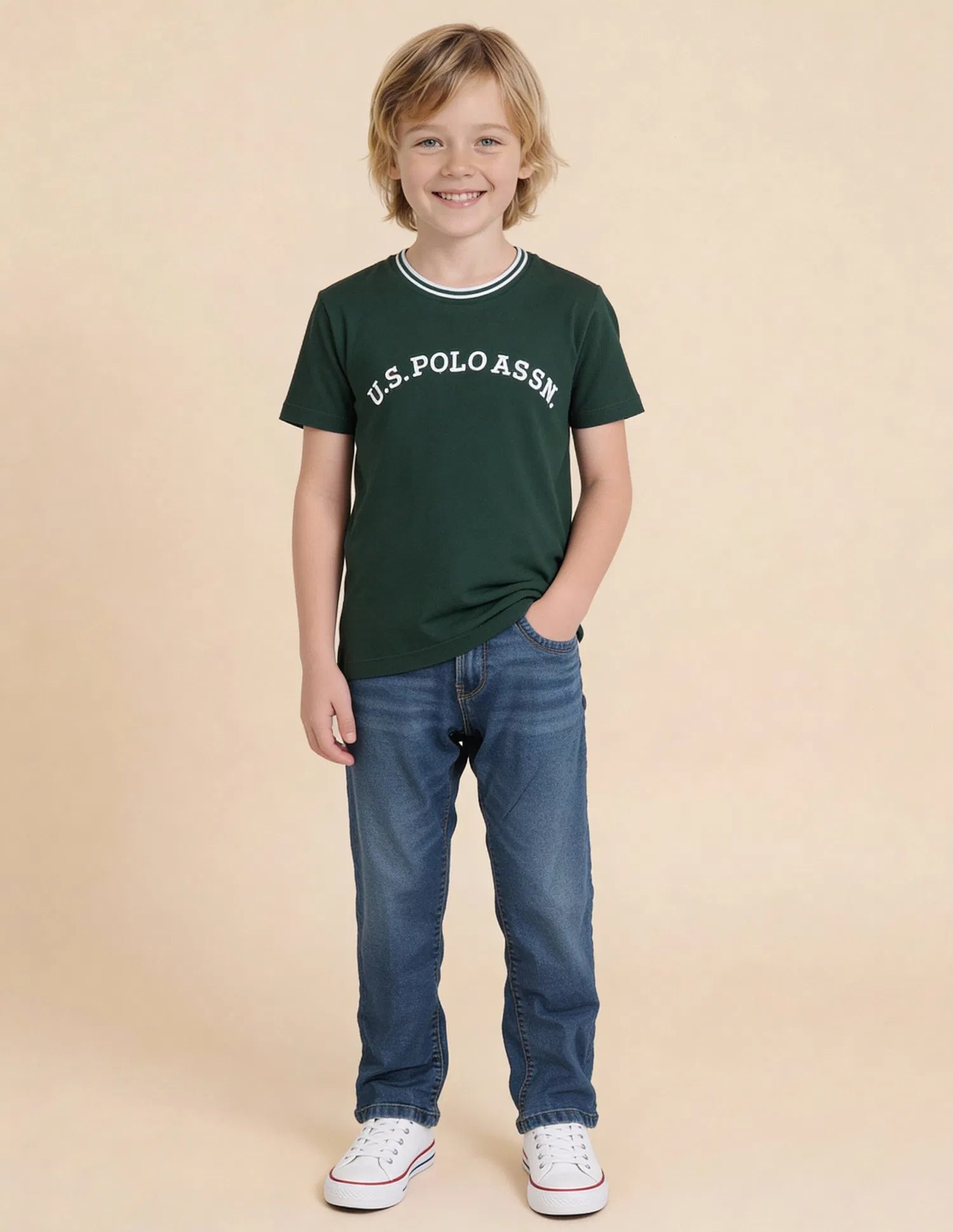 Boys Dark Green Cotton Brand Logo Regular Fit T-Shirt
