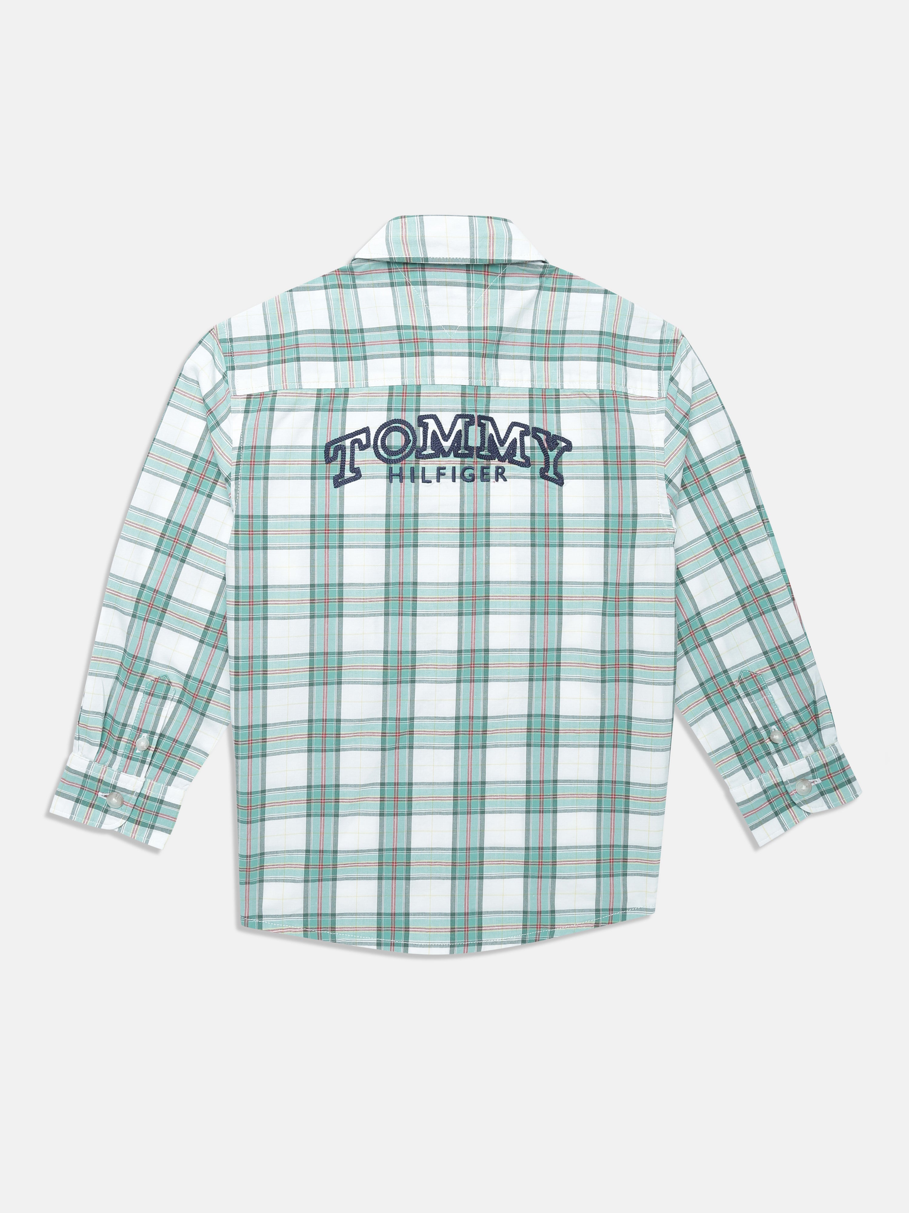 Boys Green Checked Cotton Blend Woven Shirt Regular Fit