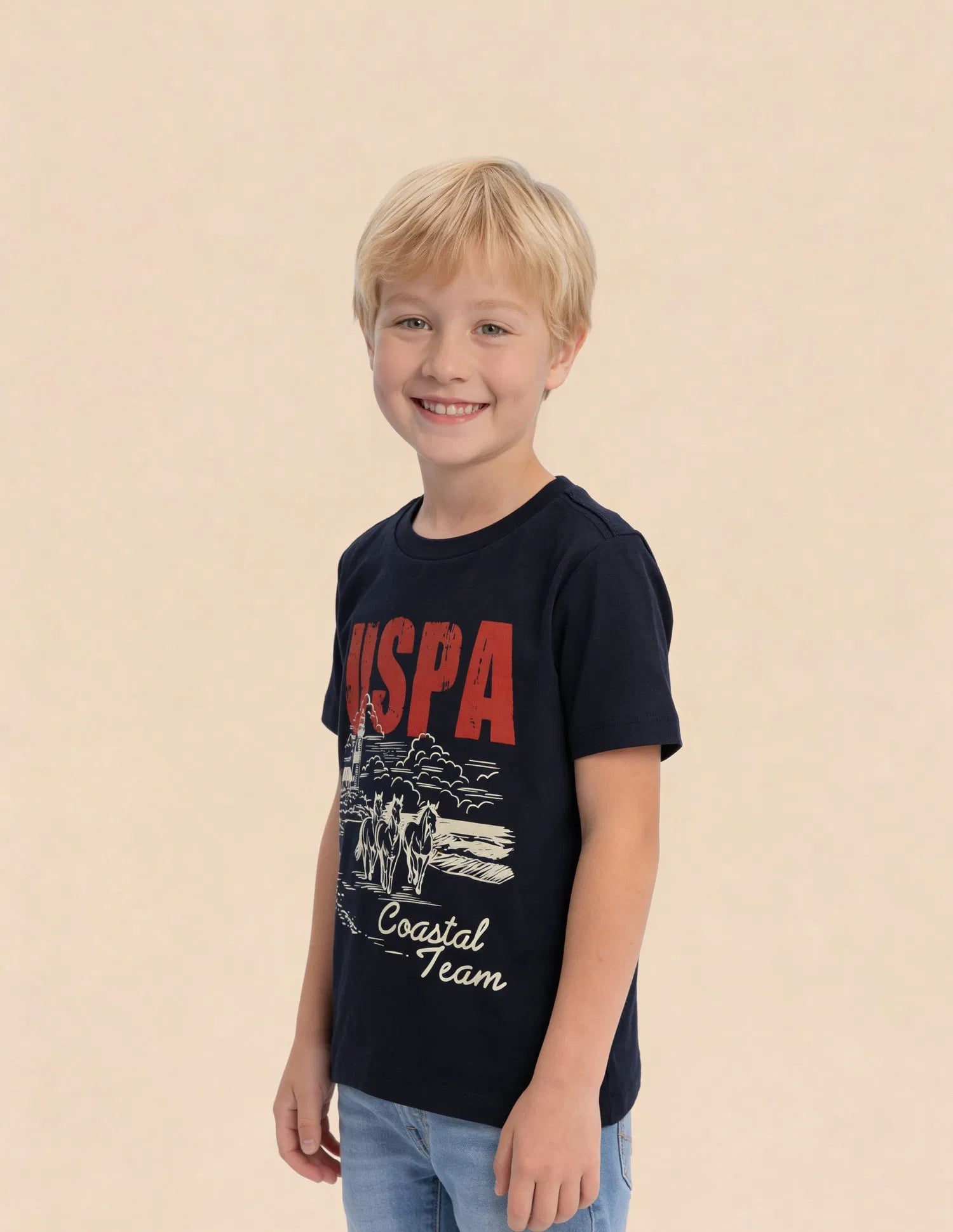 Boys Navy Cotton Graphic Print Regular Fit T-Shirt