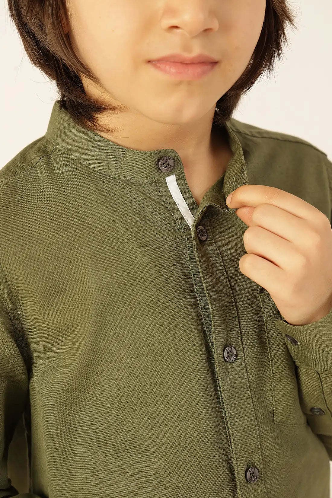 Boys Olive Chinese Collar Cotton Linen Shirt