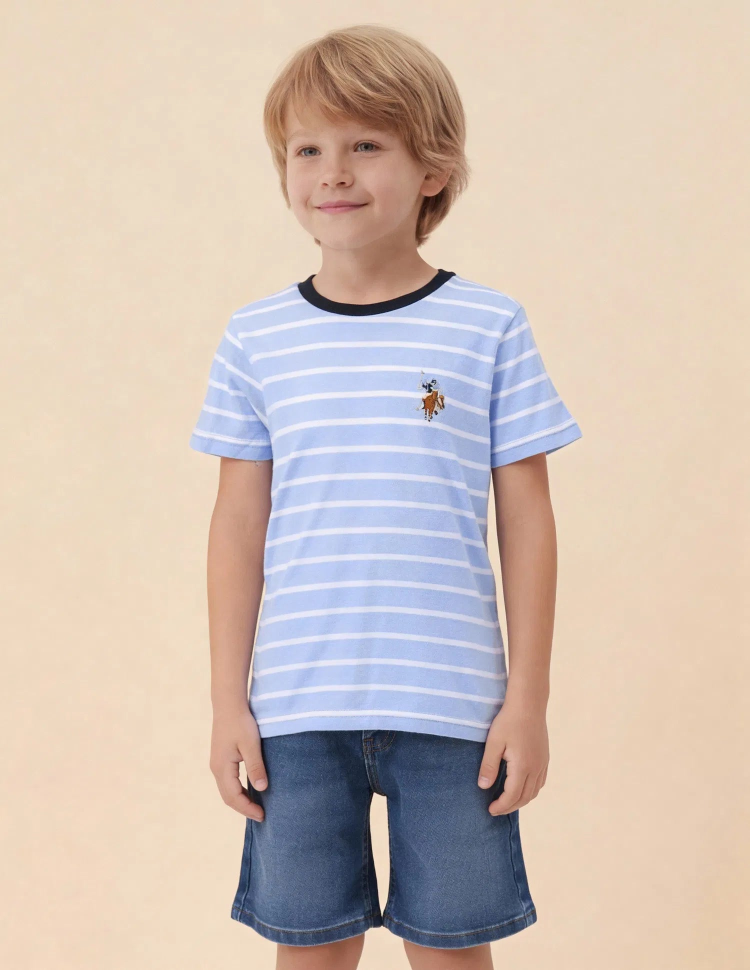 Boys Light Blue Cotton Horizontal Striped Regular Fit T-Shirt