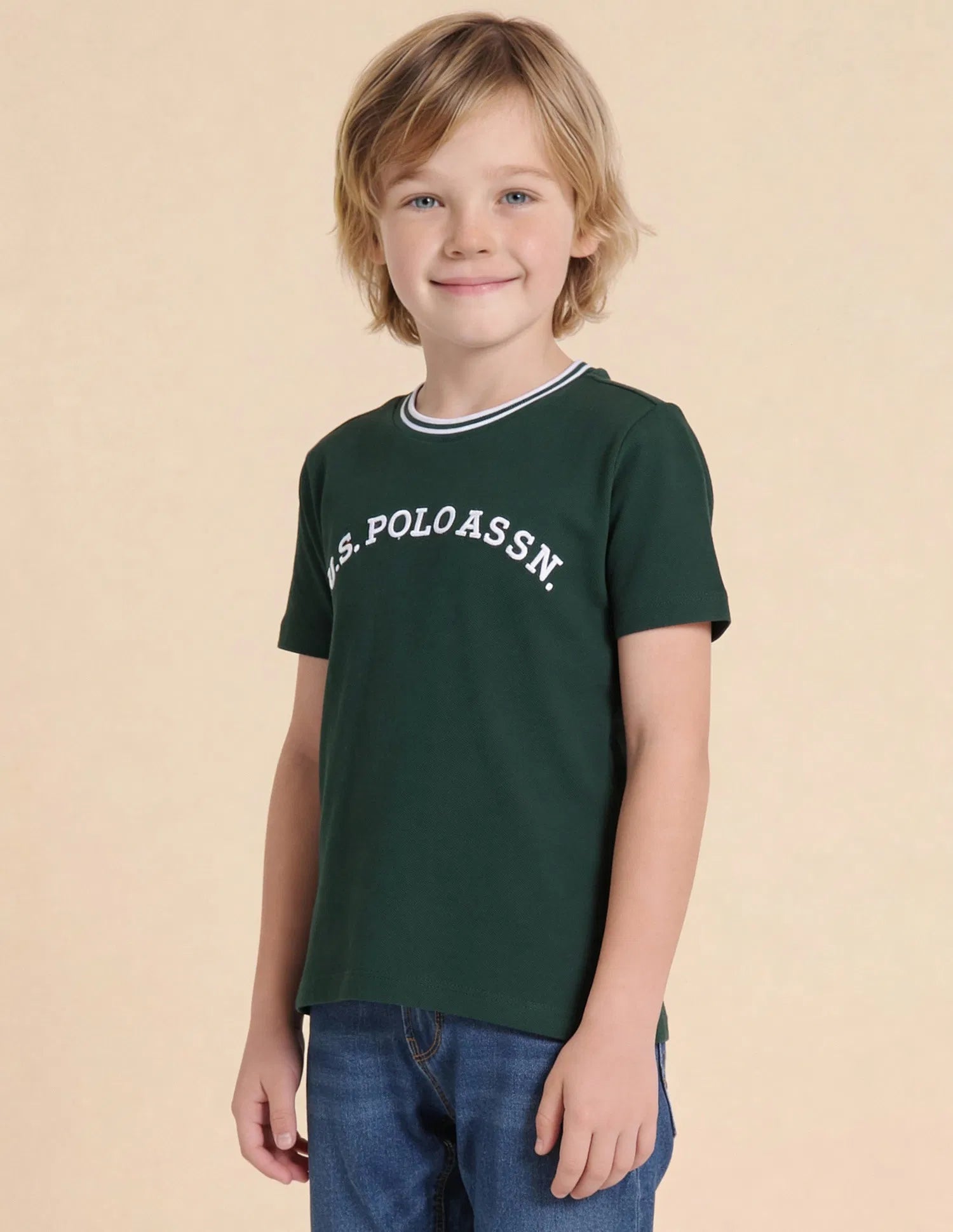 Boys Dark Green Cotton Brand Logo Regular Fit T-Shirt