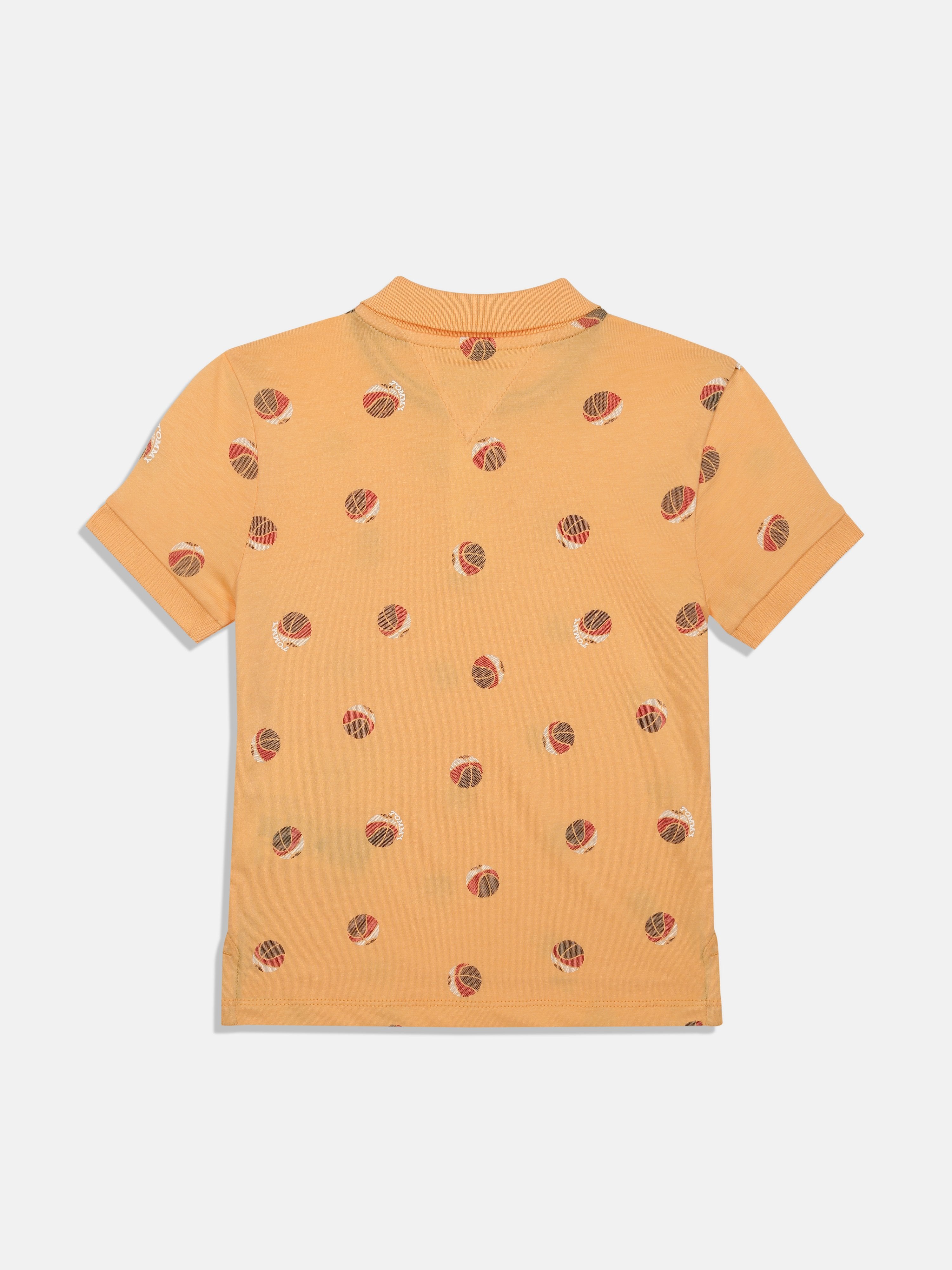 Boys Orange Printed Polo Collar Knit T-Shirt