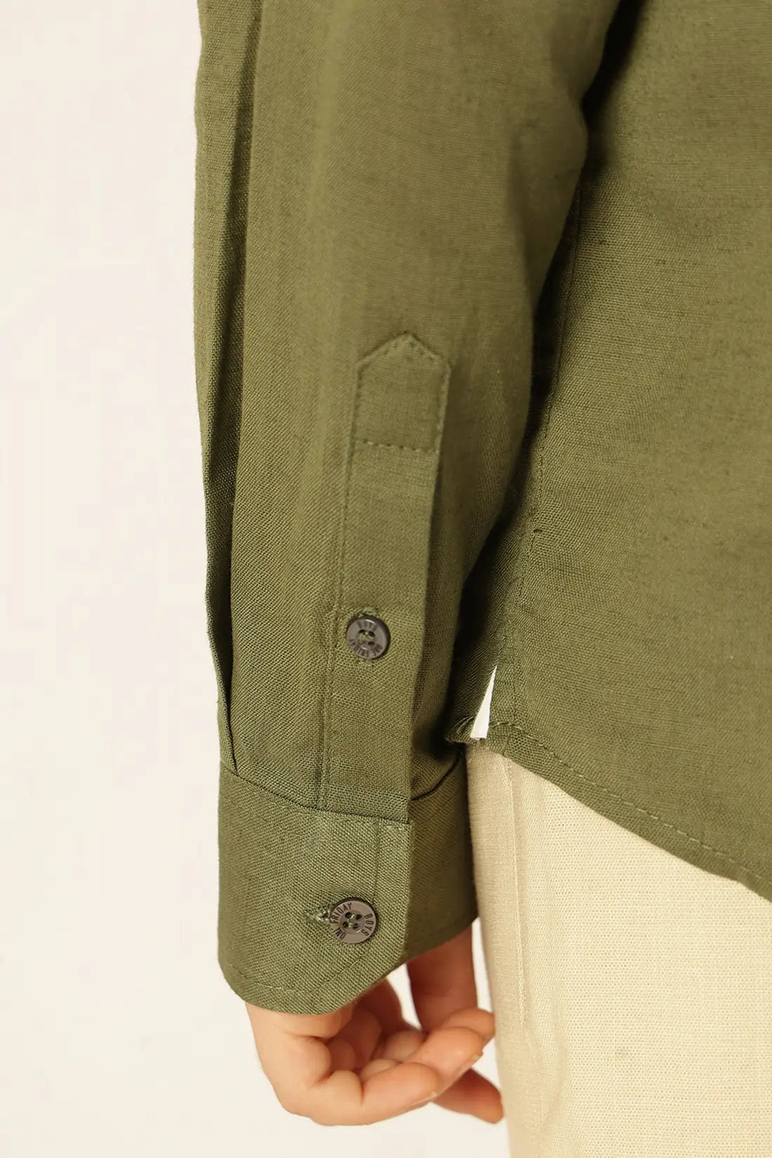 Boys Olive Chinese Collar Cotton Linen Shirt