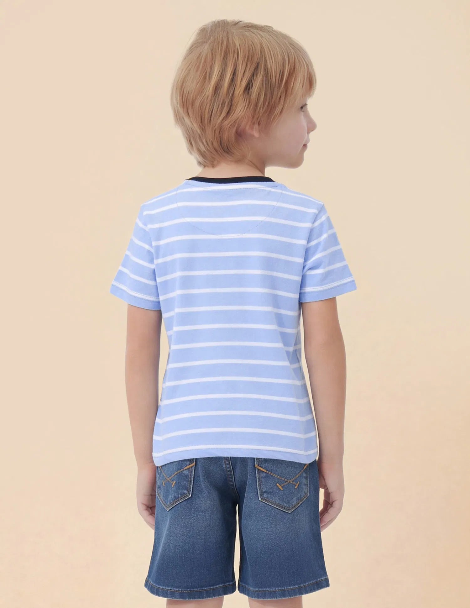 Boys Light Blue Cotton Horizontal Striped Regular Fit T-Shirt
