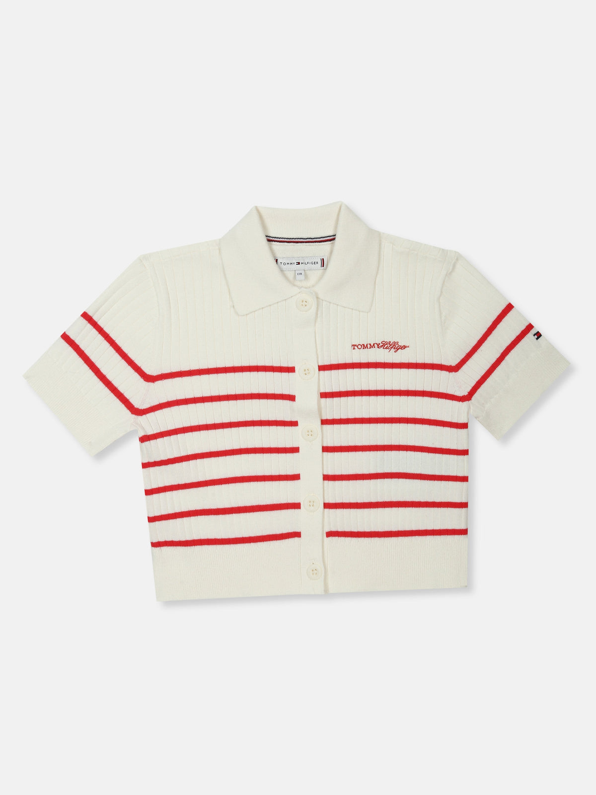 Girls Striped Regular Fit Cotton Polo T-Shirt Red Alert