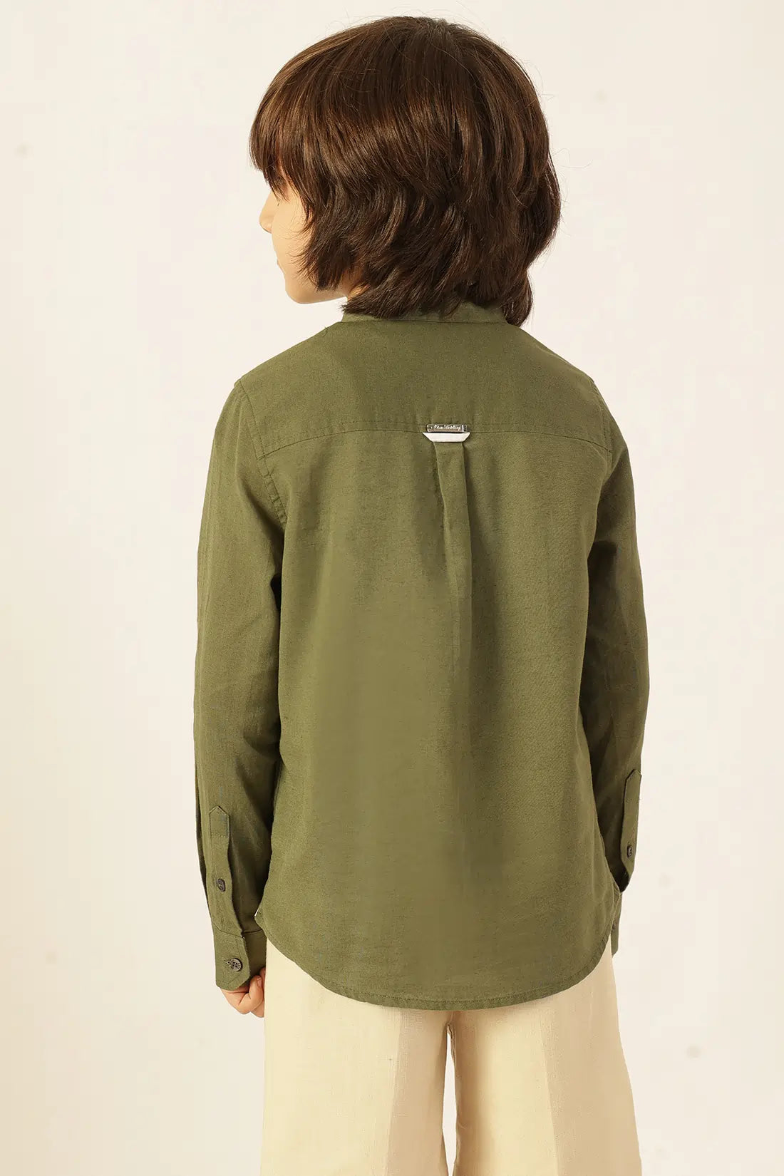 Boys Olive Chinese Collar Cotton Linen Shirt