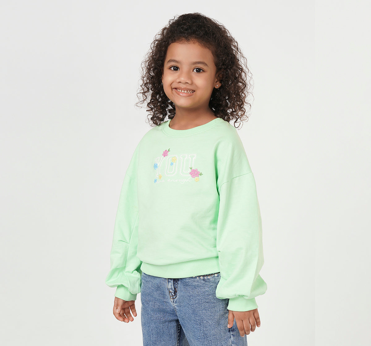 Girls Green Embroidered Floral Graphic Sweatshirt