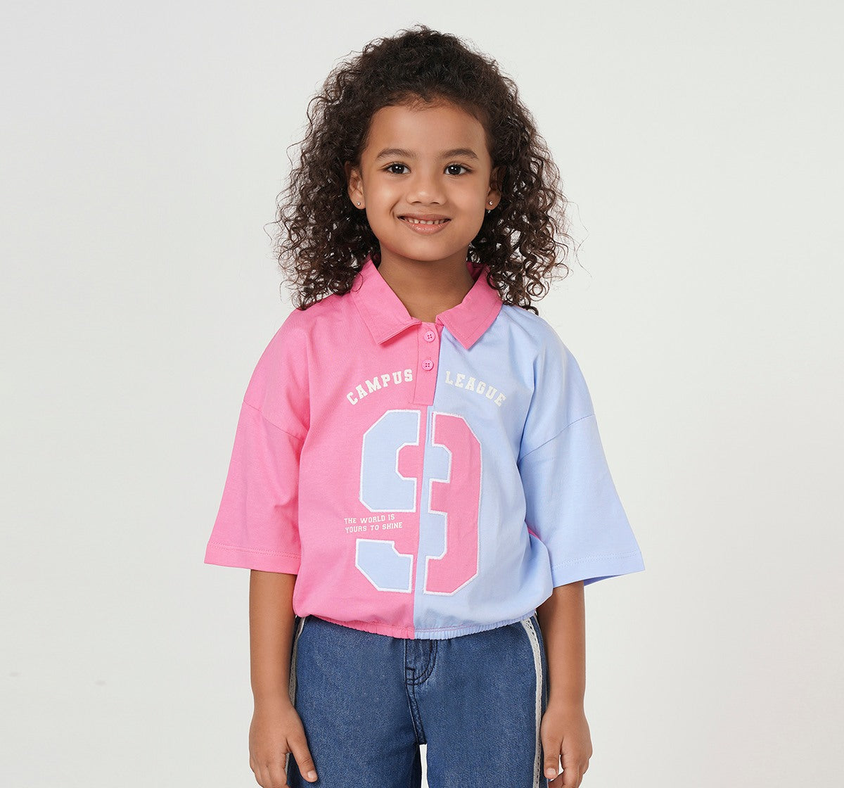 Color Block Waist Length T Shirt Pink/Blue