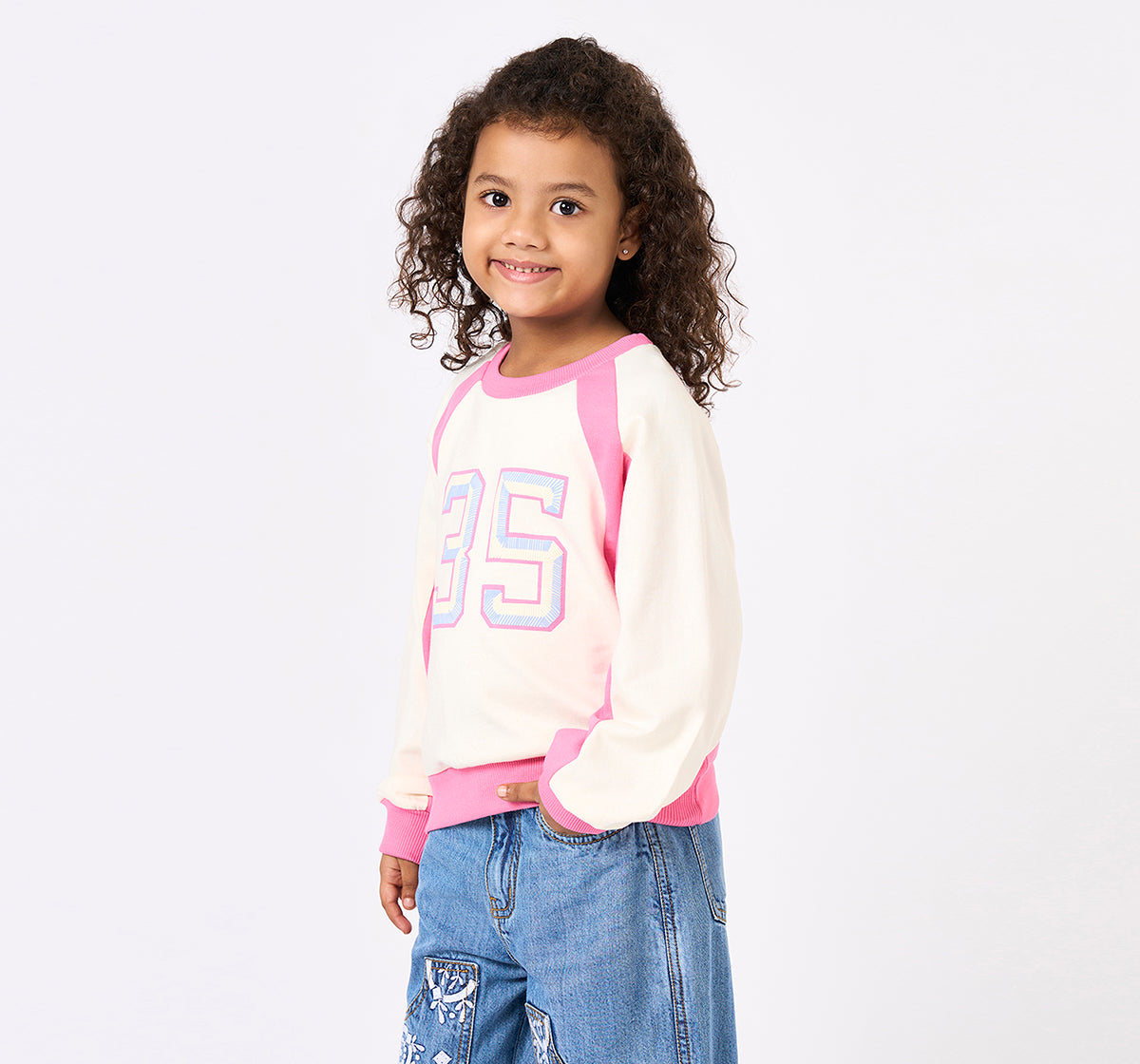 Girls Pink Colour Block Graphic Raglan Sweatshirt