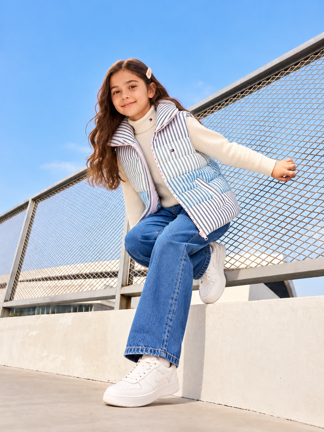 Girls High-Neck Puffer Jacket Light Pink Multistripes
