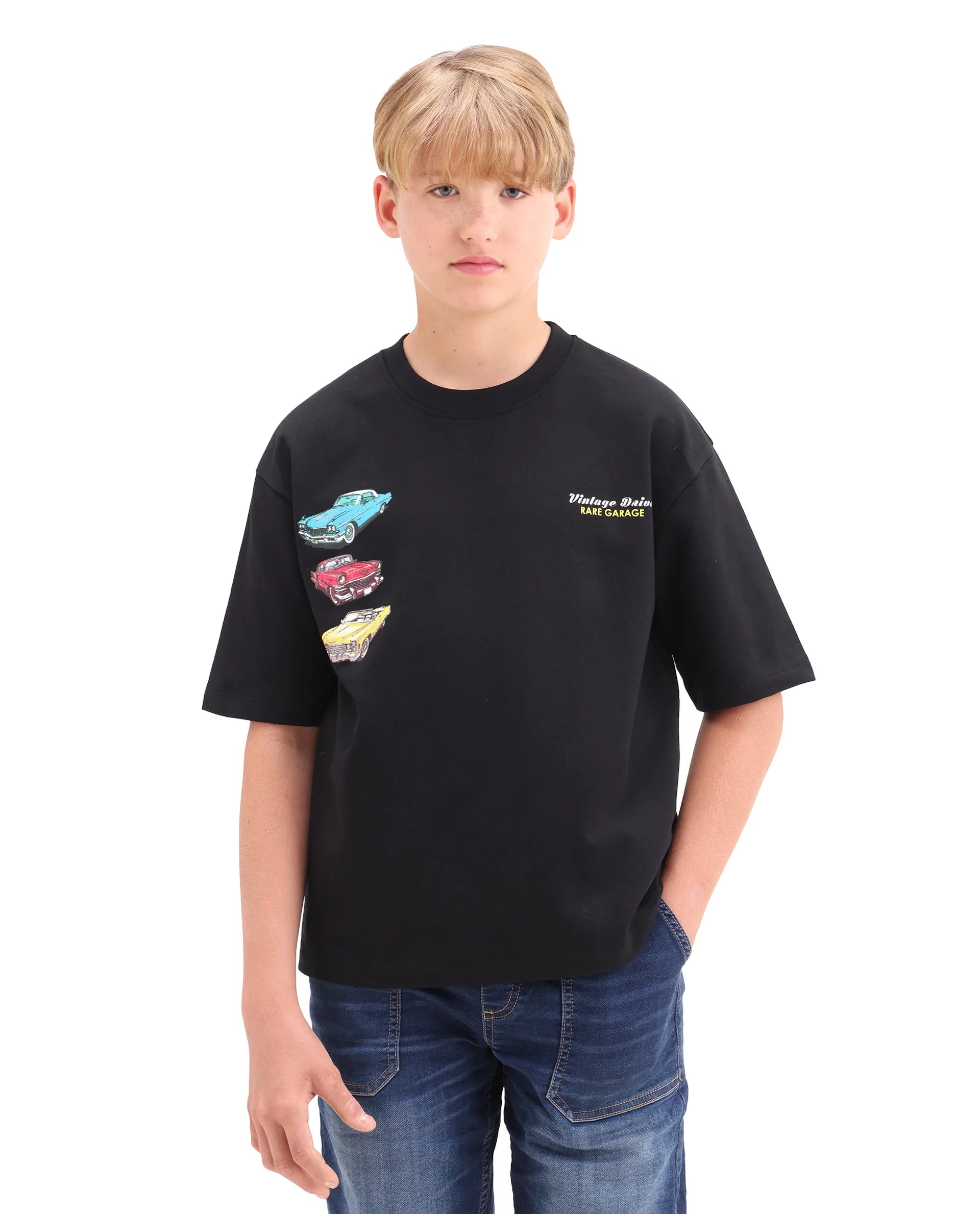 Boys Black Digital Print Oversized T-Shirt