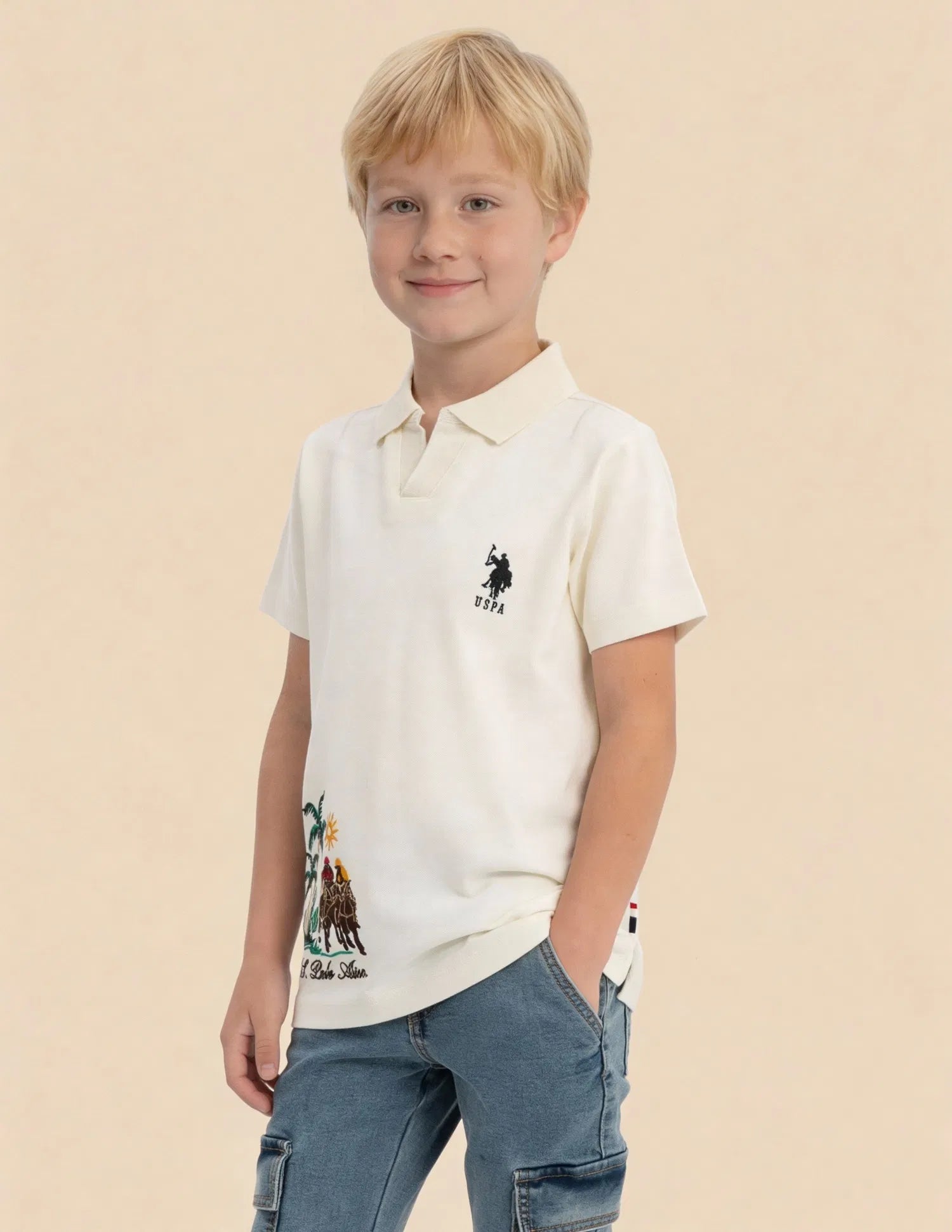 Boys Off White Cotton Embroidered Regular Fit Polo Shirt