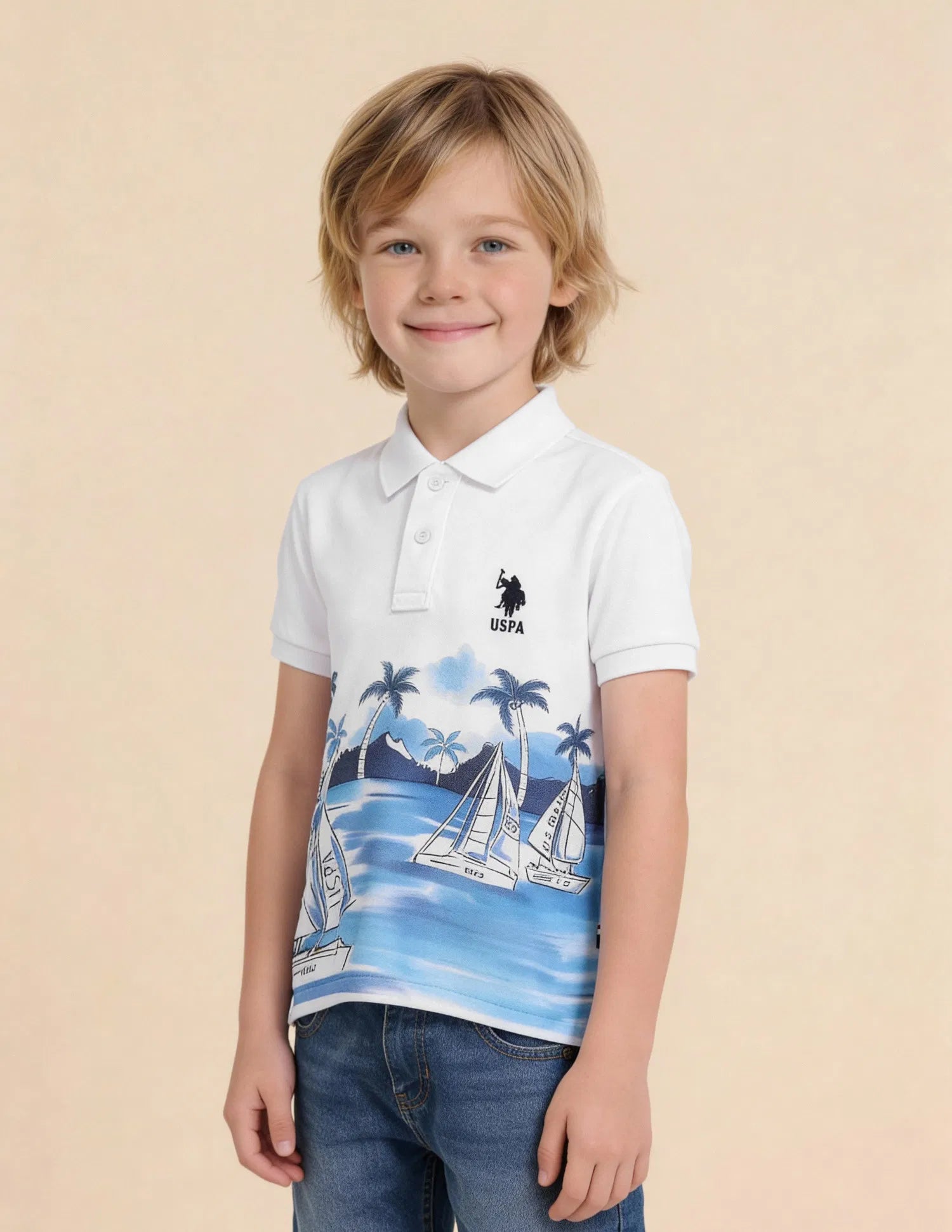 Boys White Cotton Graphic Print Regular Fit Polo Shirt