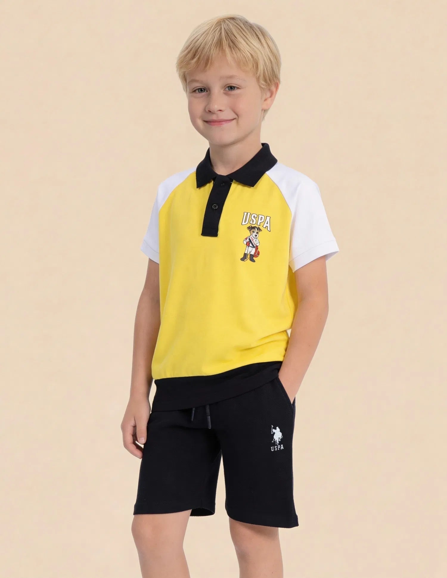 Boys Light Yellow Cotton Colour Block Regular Fit Polo Shirt